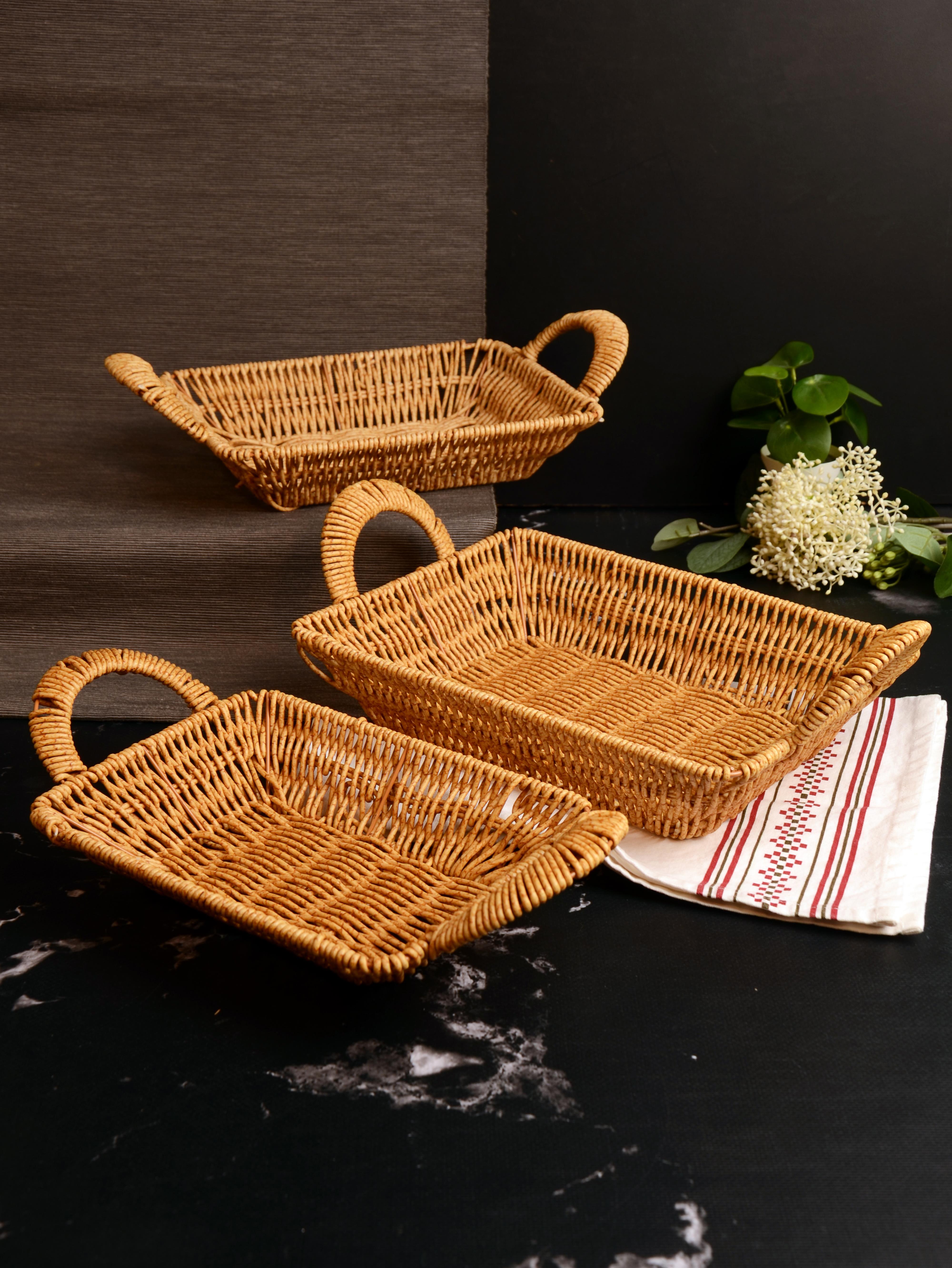 PAÇİ-HASIR DİKDÖRTGEN KULPLU 3'LÜ SEPET