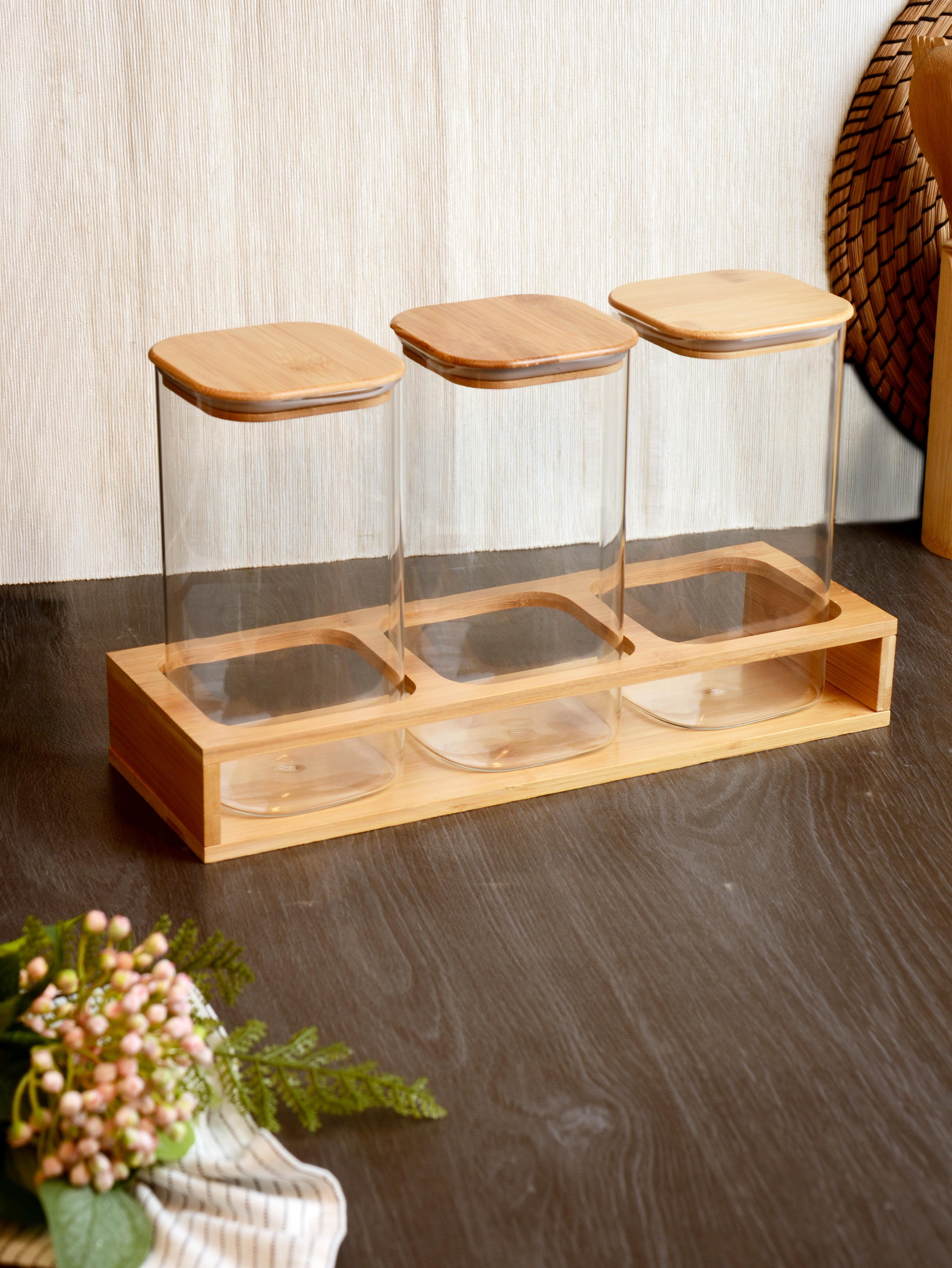 PAÇİ-KARE BAMBU KAPAKLI 3'LÜ KAVANOZ