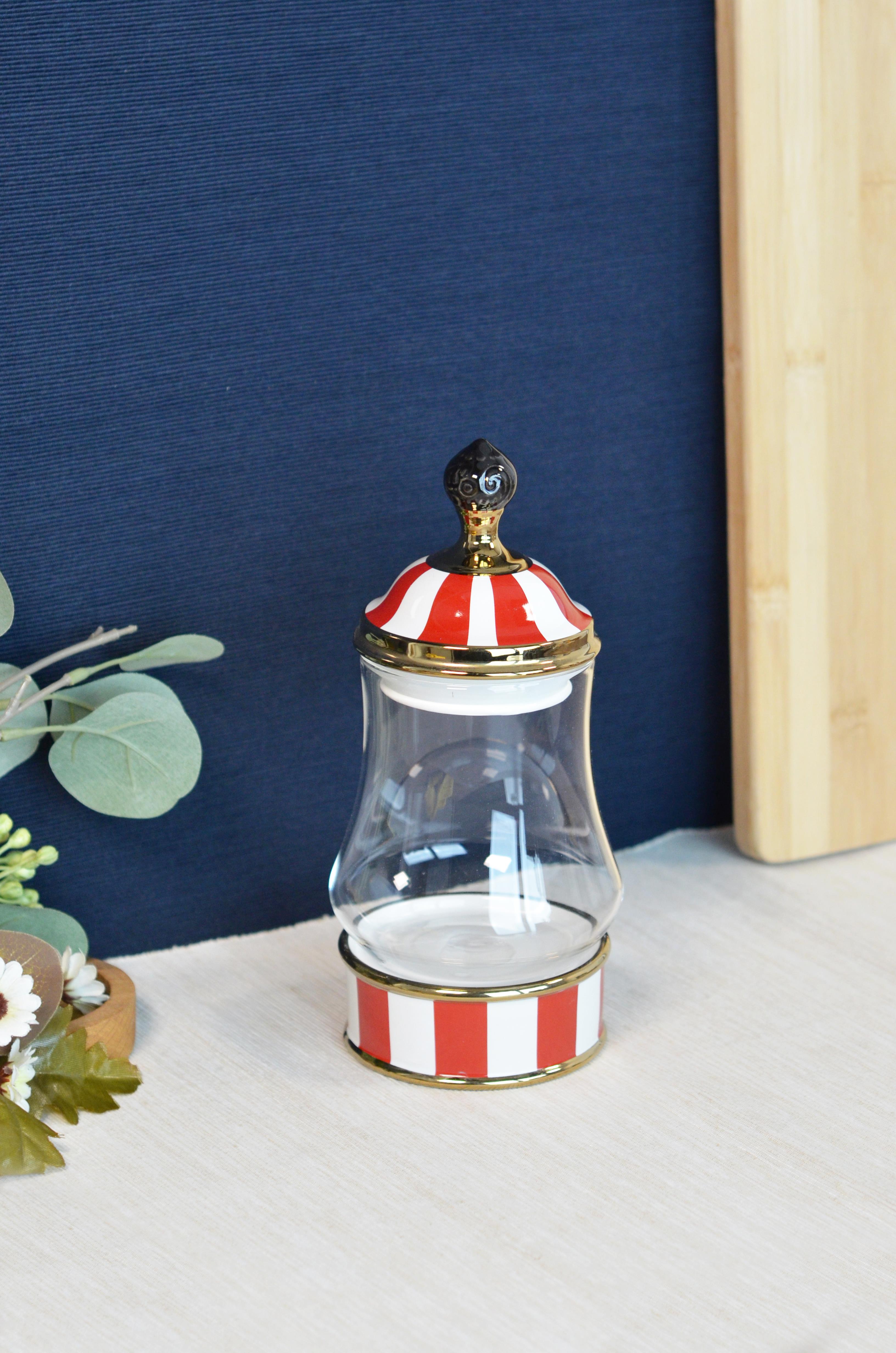 PAÇİ-LEO PORSELEN & CAM TEPELİ KIRMIZI BEYAZ KÜÇÜK KAVANOZ