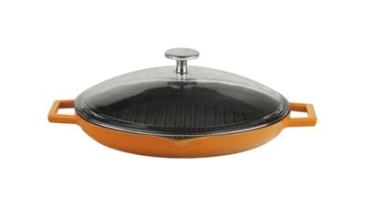 Lava Döküm  Yuvarlak Izgara Tava, Metal Kulplu, Cam kapaklı. Çap26cm.