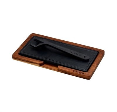 Lava Döküm   Ahşap ve Döküm Demir Hot Plate Servis Tahtası. Ölçü 12x25cm. (Ahşap ve döküm plaka arasında 4 adet silikon seperatö