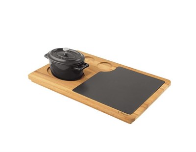 Lava Döküm   Mini Oval Tencere, Ahşap ve Döküm Demir servis plakası. Ölçü 9x12cm.  (Bu ürüne sos kapları dahil değildir)