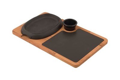 Lava Döküm   Oval Hot Plate, Ahşap ve Döküm Demir servis plakası. Ölçü 12x19cm.  (Bu ürüne sos kapları dahil değildir)