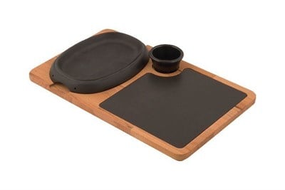 Lava Döküm   Oval Hot Plate ve Ahşap altlık. Ölçü 12x19cm.  (Bu ürüne sos kapları dahil değildir)