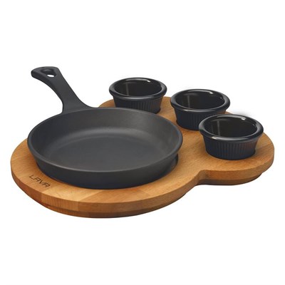 Lava Döküm   Yuvarlak Saplı Tava ve Ahşap Altlıklı. Çap16cm. (Bu ürüne sos kapları dahil değildir)