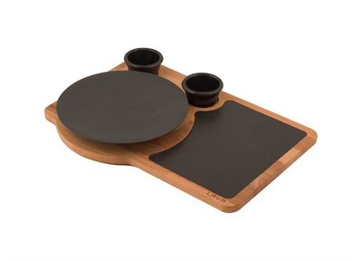Lava Döküm   Yuvarlak Tabak, Ahşap ve Döküm Demir servis plakası. Çap21cm. (Bu ürüne sos kapları dahil değildir)