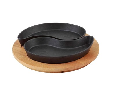 Lava Döküm  2 adet Fajita Tavası ve Ahşap Altlığı. YINGYANG şekilli. Ölçü10x20cm.