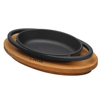 Lava Döküm  Oval Kulplu Tava ve Ahşap Altlıklı. Ölçü 15x10cm.