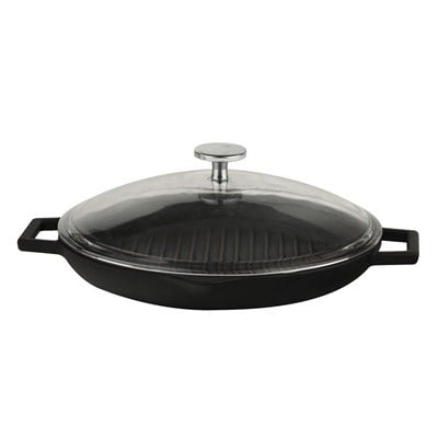 Lava Döküm  Yuvarlak Izgara Tava, Metal Kulplu, Cam kapaklı. Çap26cm.