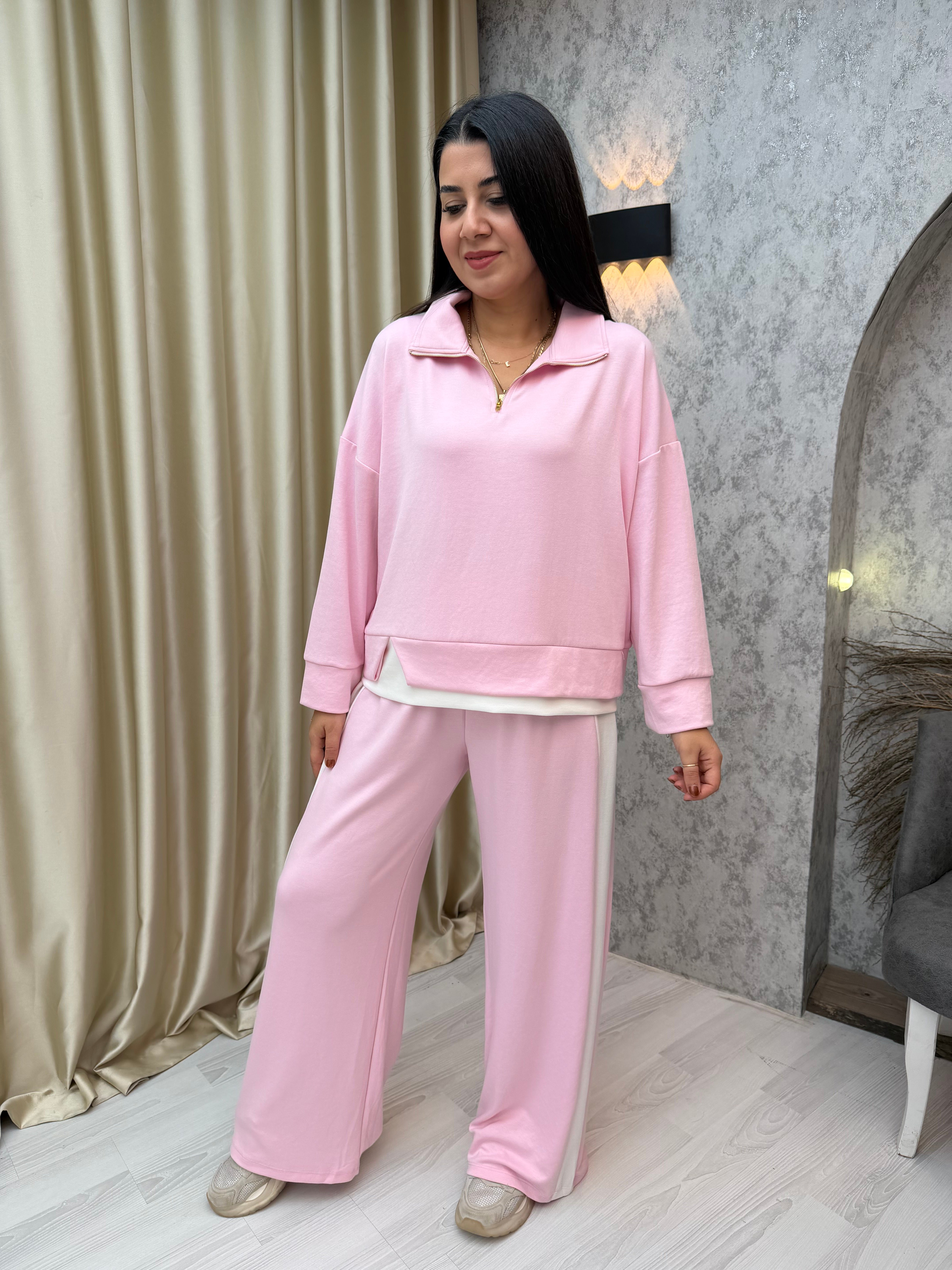 Fermuarlı Garnili Modal Takım Pembe