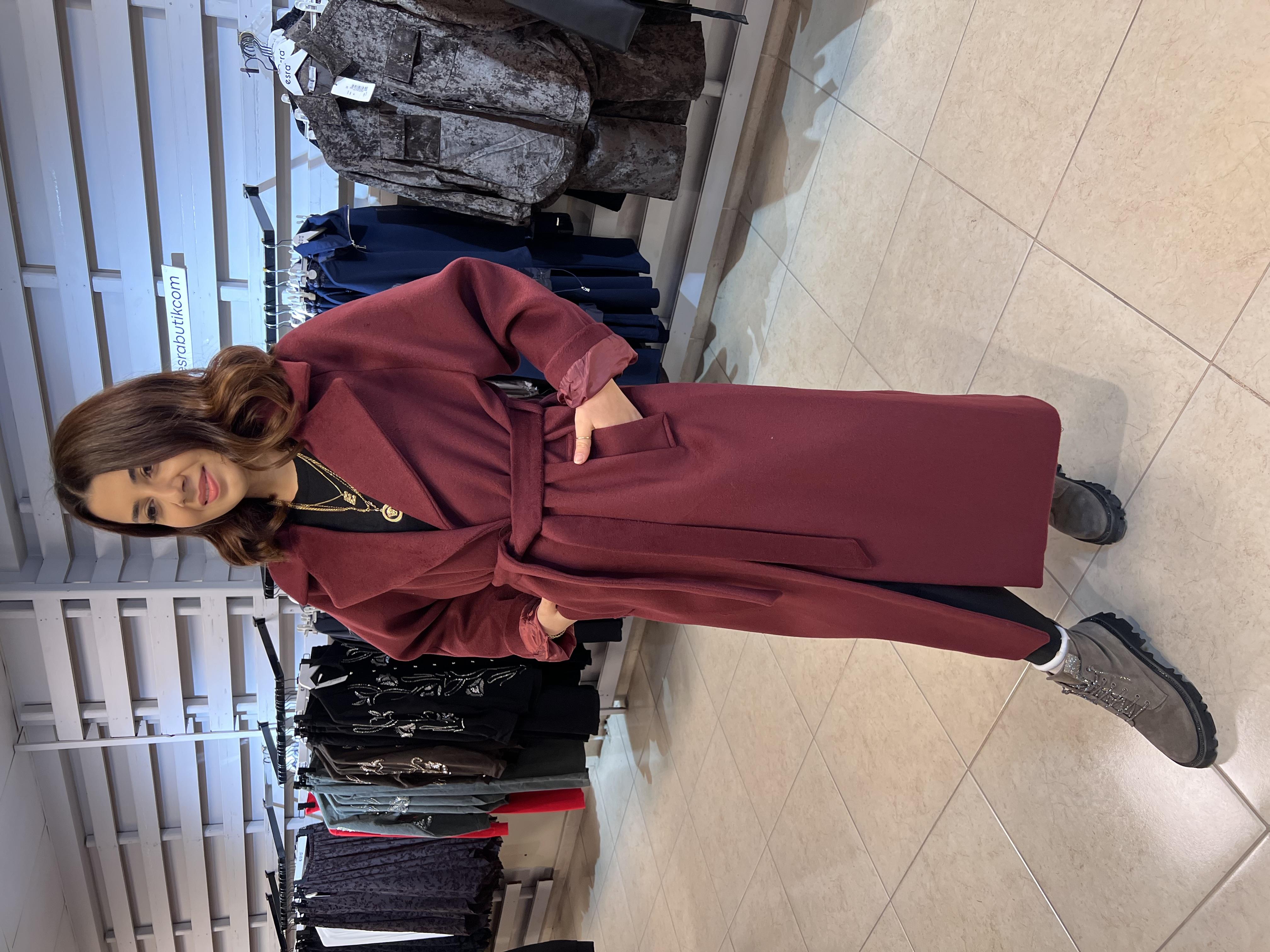 Premium Büyük Beden Kuşaklı Kaşe Kaban Bordo
