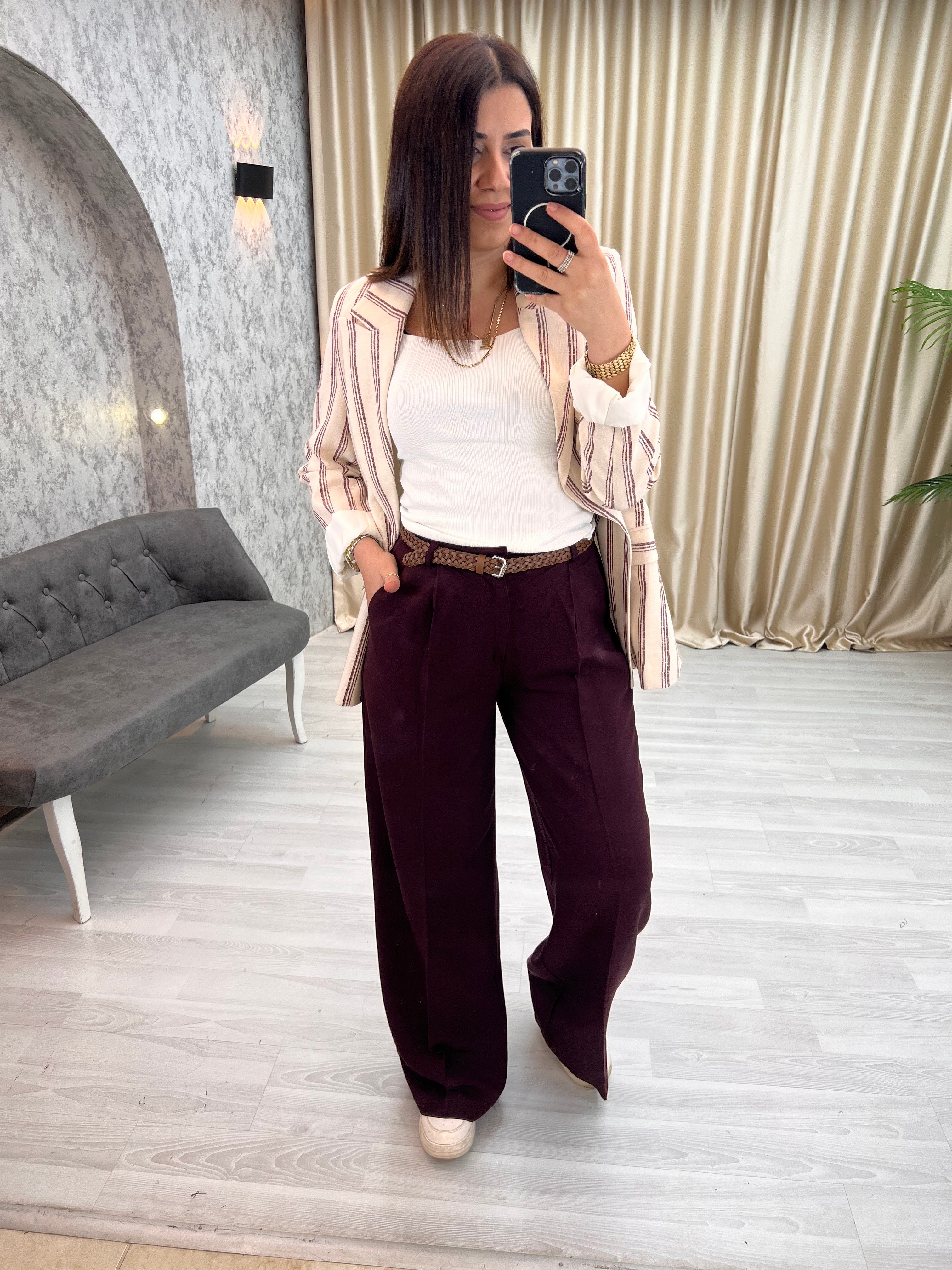 Premium Kemerli Keten Pantolon Bordo