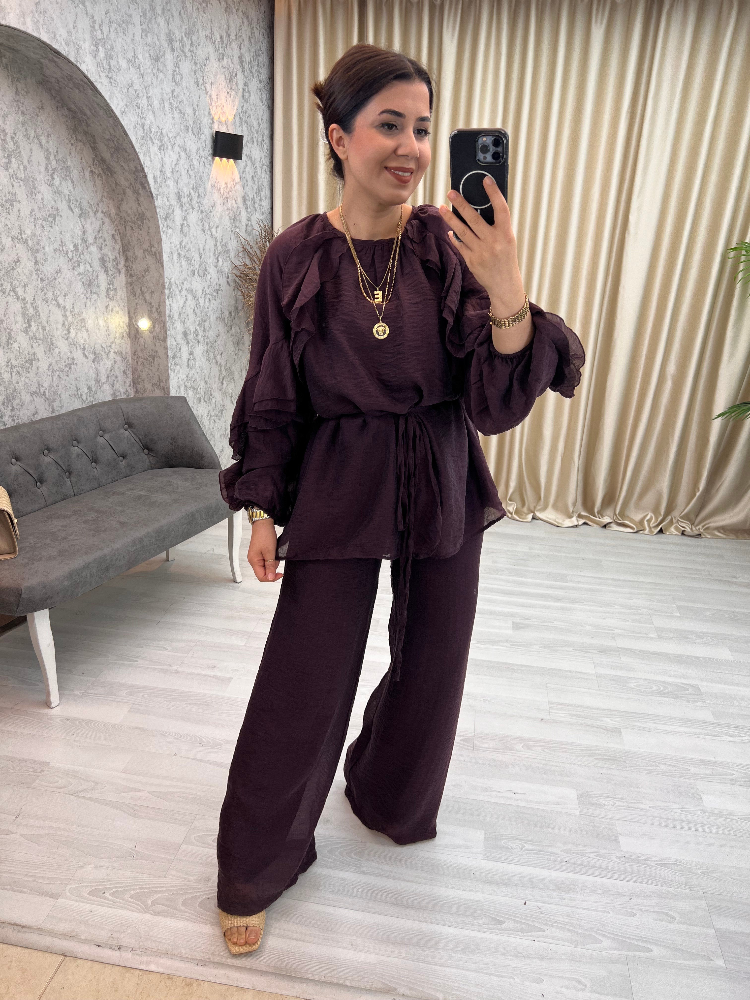 Volan Detaylı Pantolon Takım Mürdüm