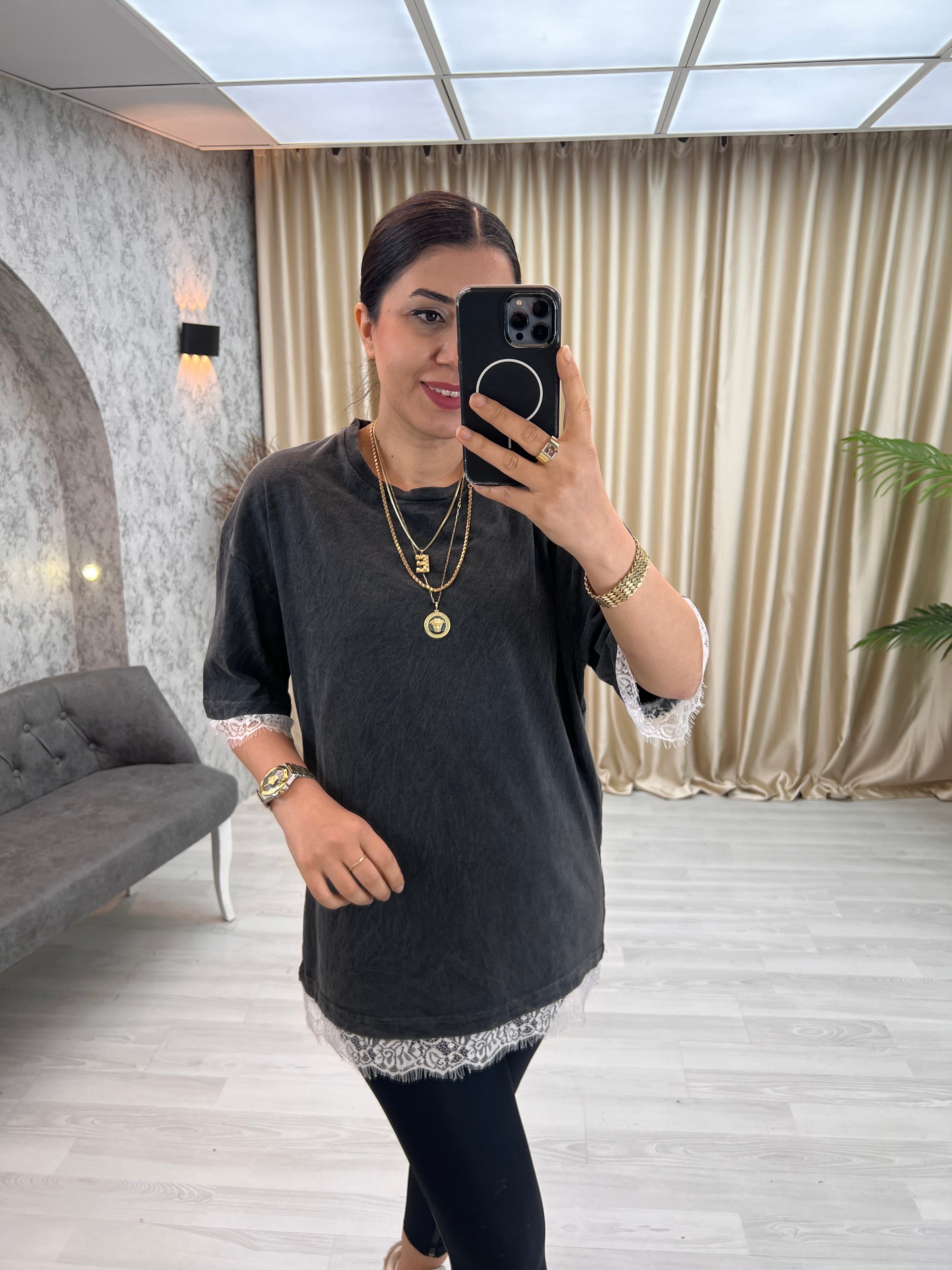 Yıkamalı Dantelli Tişört Antrasit