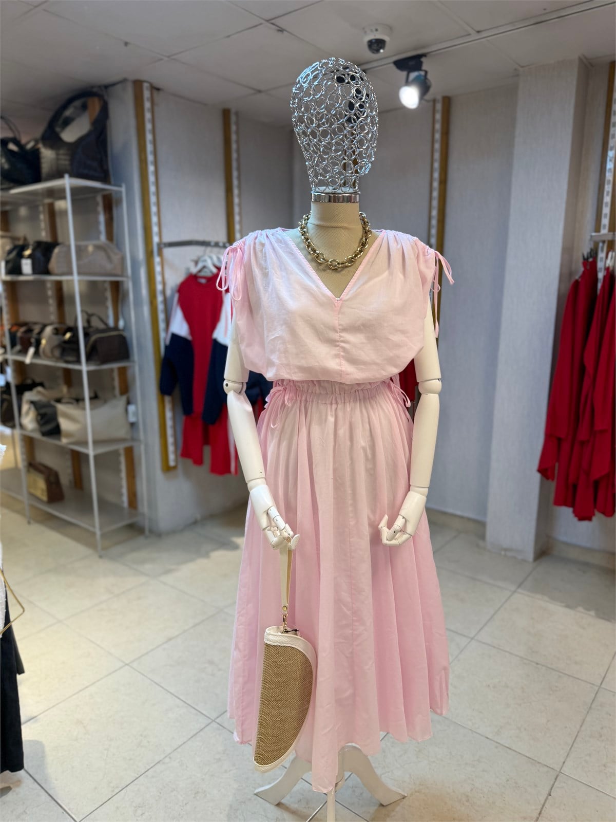 Beli Büzgülü  Elbise Pembe