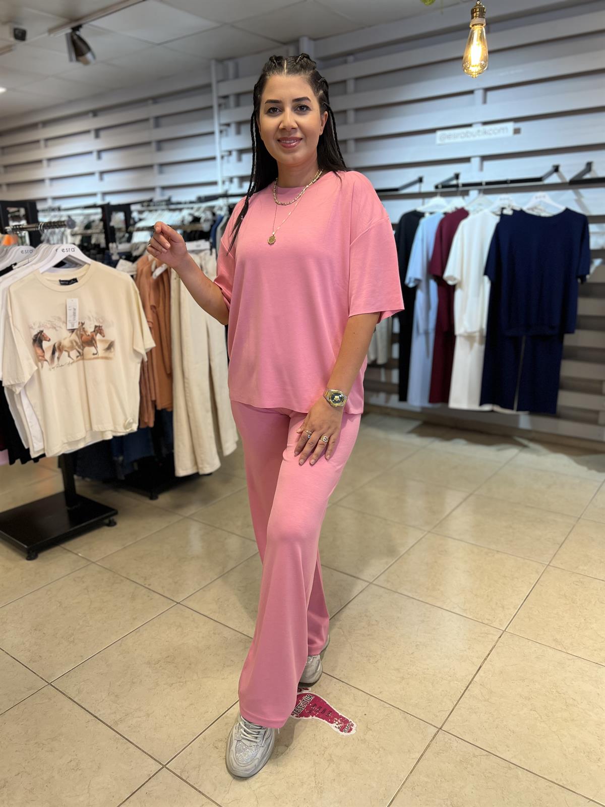 Bisiklet Yaka Yırtmaçlı Modal Takım Pembe