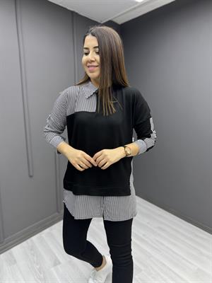 Çizgi Garnili Viskon İki İplik Sweat Siyah
