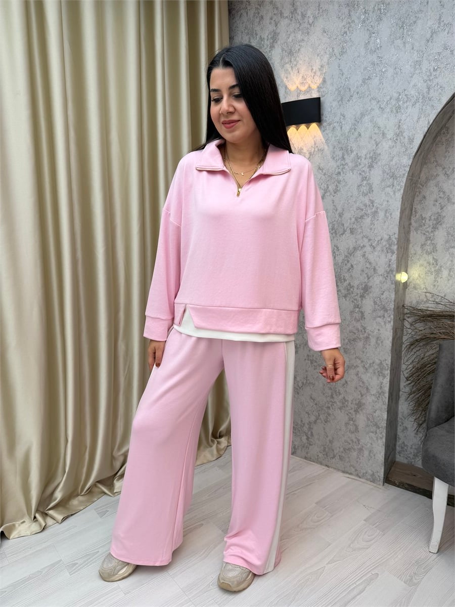 Fermuarlı Garnili Modal Takım Pembe