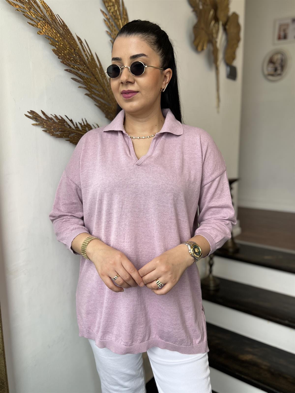 Pamuk Polo Yaka Triko Bluz Pembe
