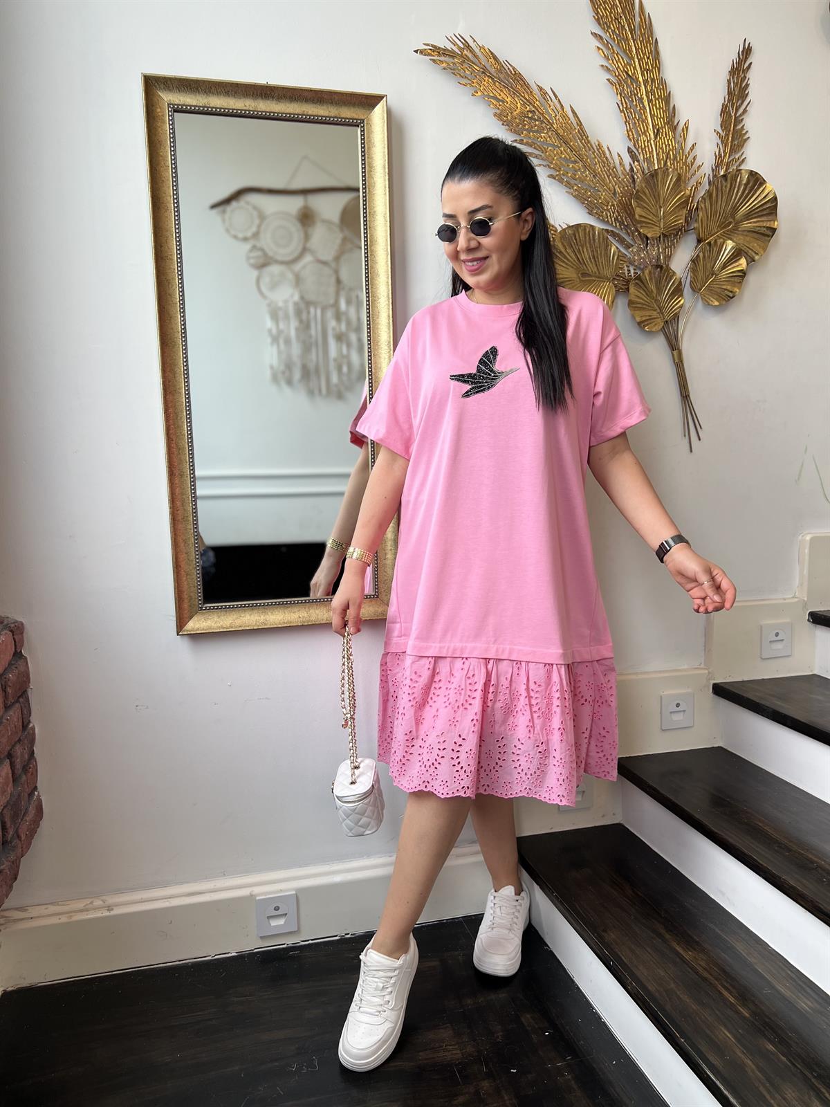 Premium Eteği Dantel Kuşlu Elbise Pembe