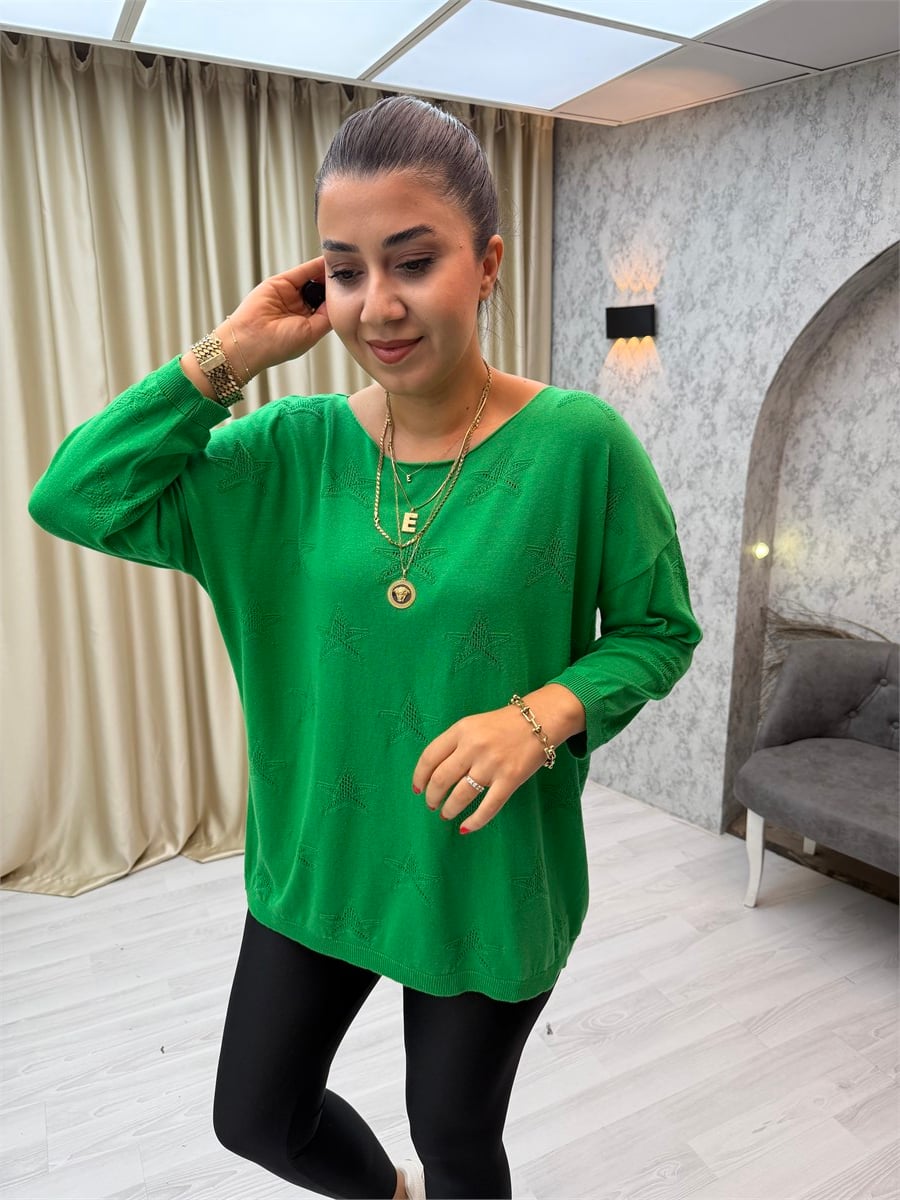 Yıldız Desen Pamuk Salaş Triko Çimenyeşili