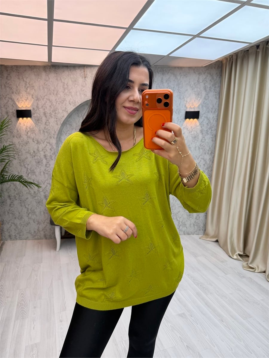 Yıldız Desen Pamuk Salaş Triko Yağ Yeşili