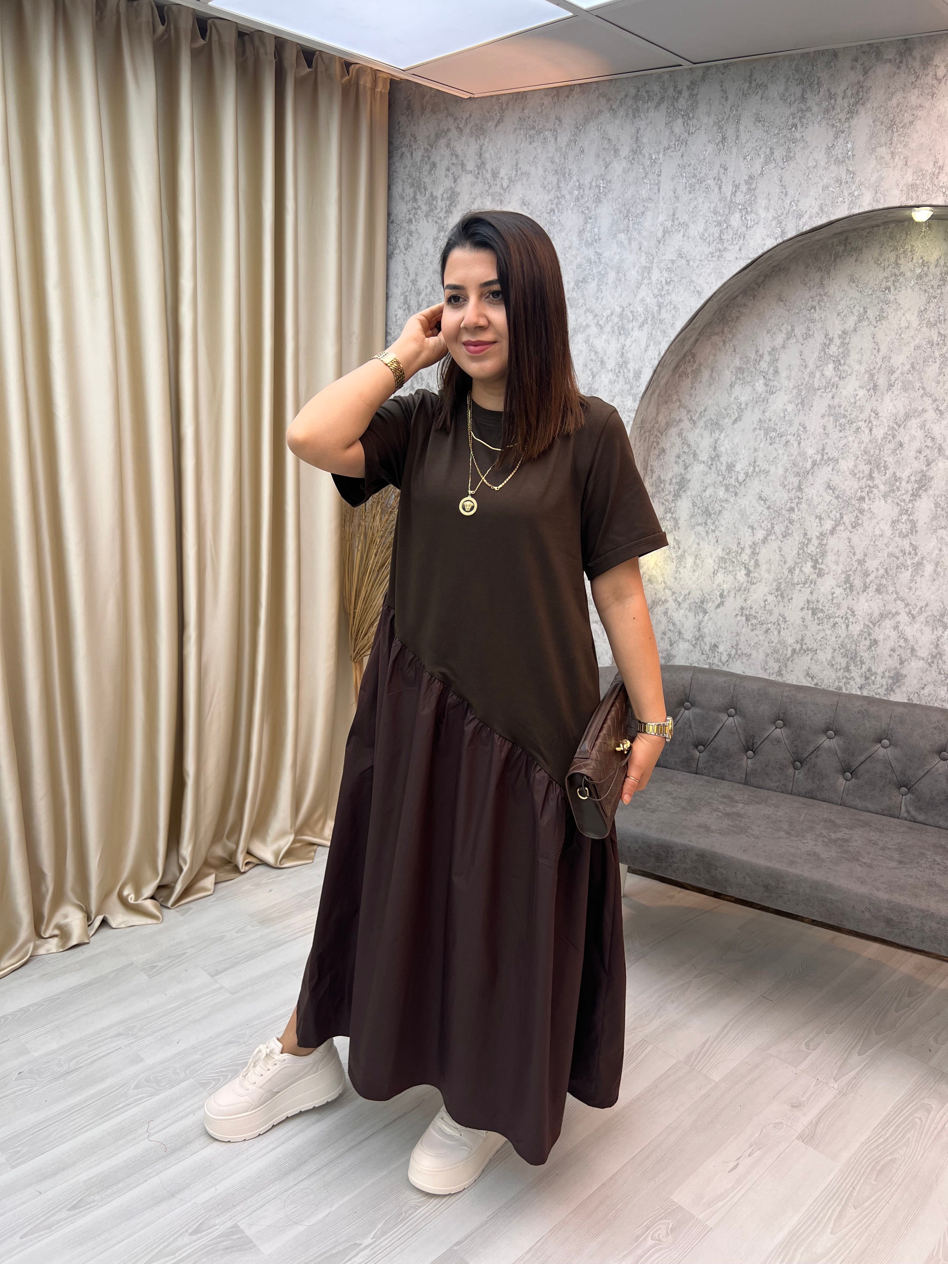 Altı Poplin Fırfırlı Elbise Kahverengi