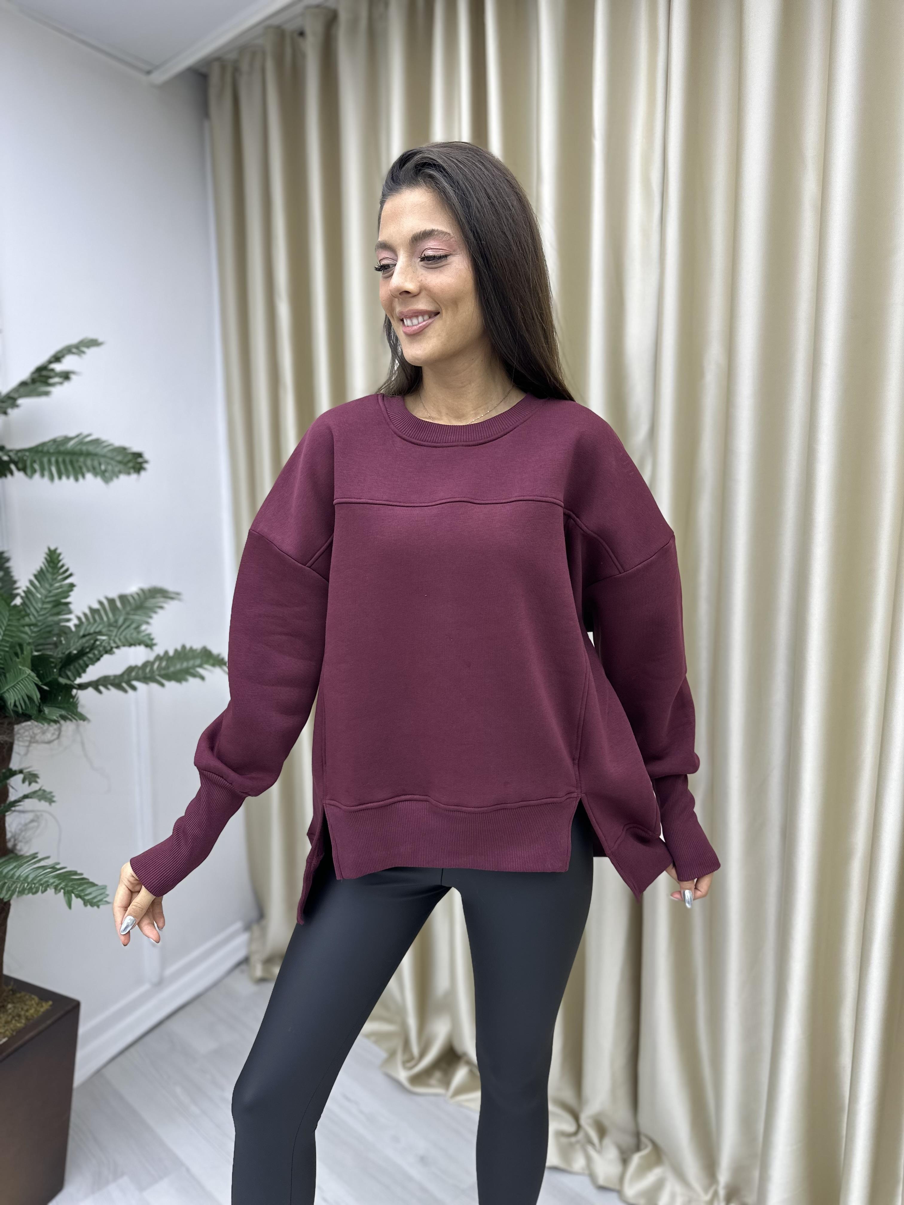 Asimetrik Kesim Şardonlu Sweat Bordo