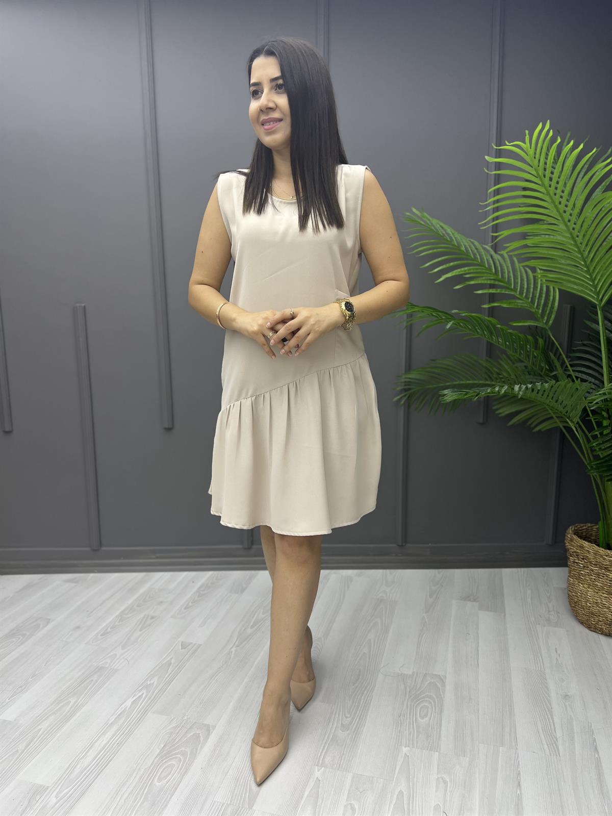 Ayrobin Krep Yan Büzgülü Elbise Taş