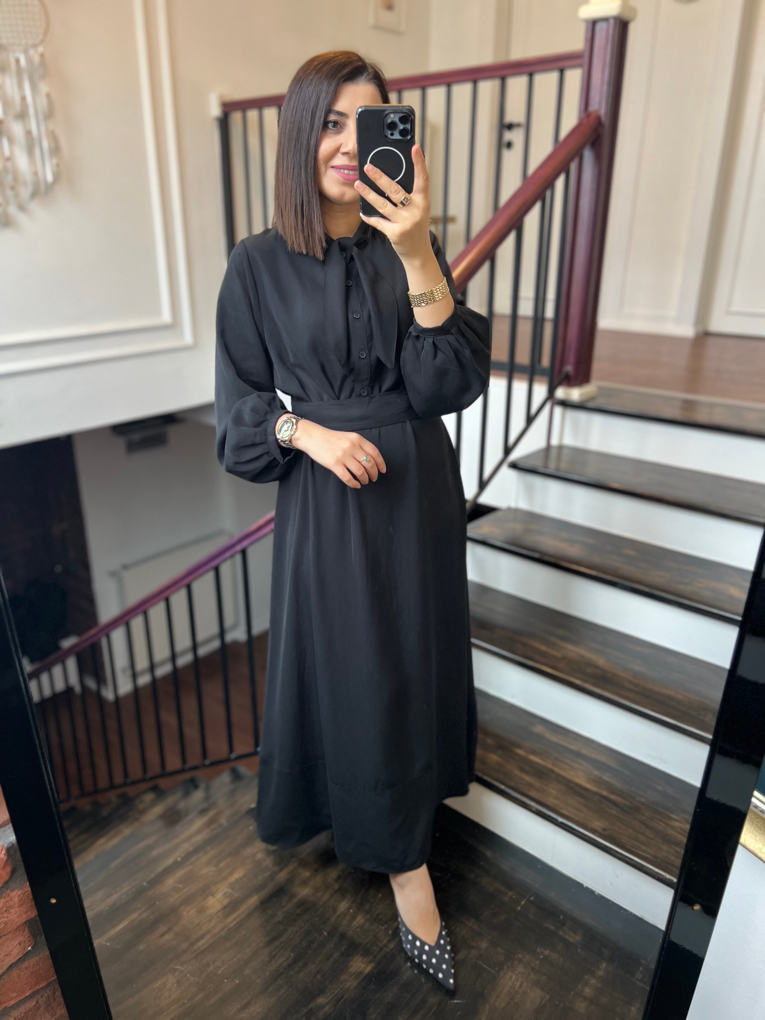 Bağlama Yaka Elbise Siyah