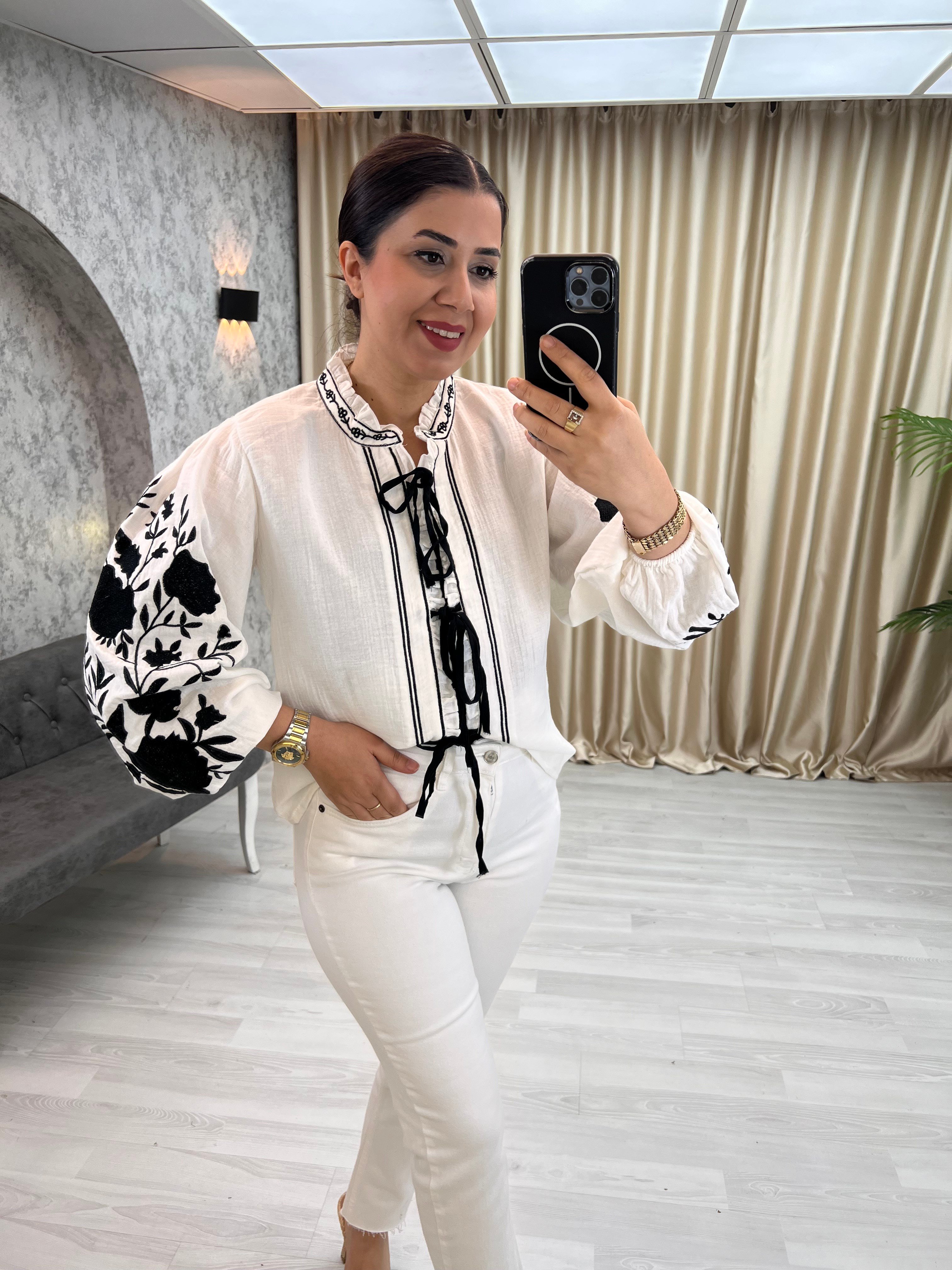 Bağlamalı Nakışlı Keten Ceket Siyah