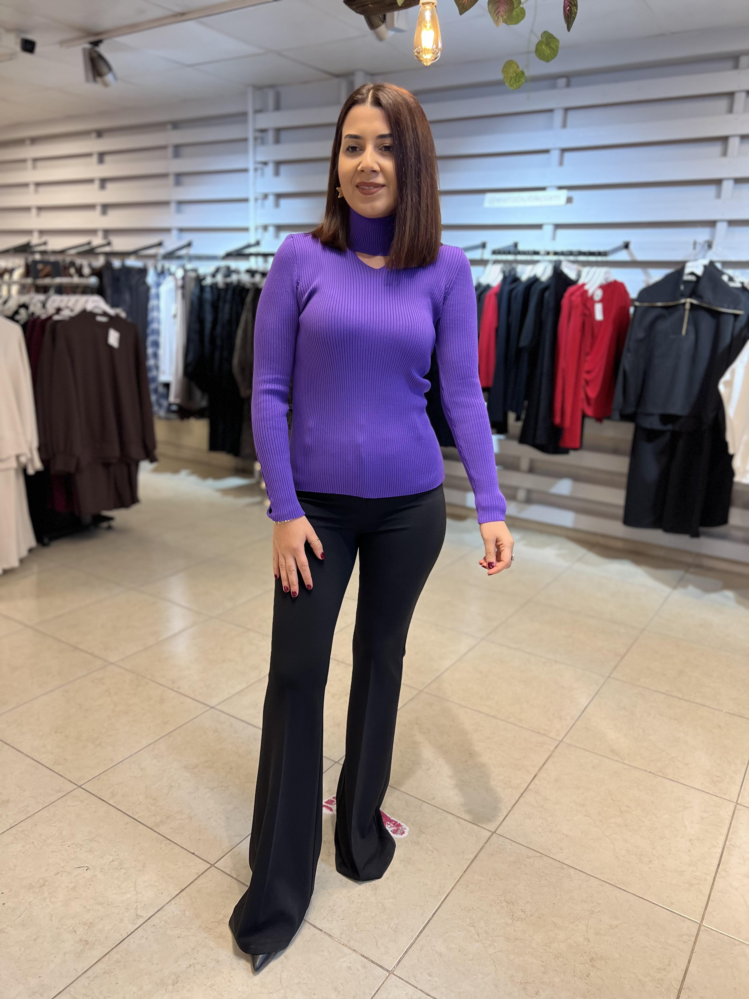 Balıkçı Yaka Fitilli Açma bluz Mor