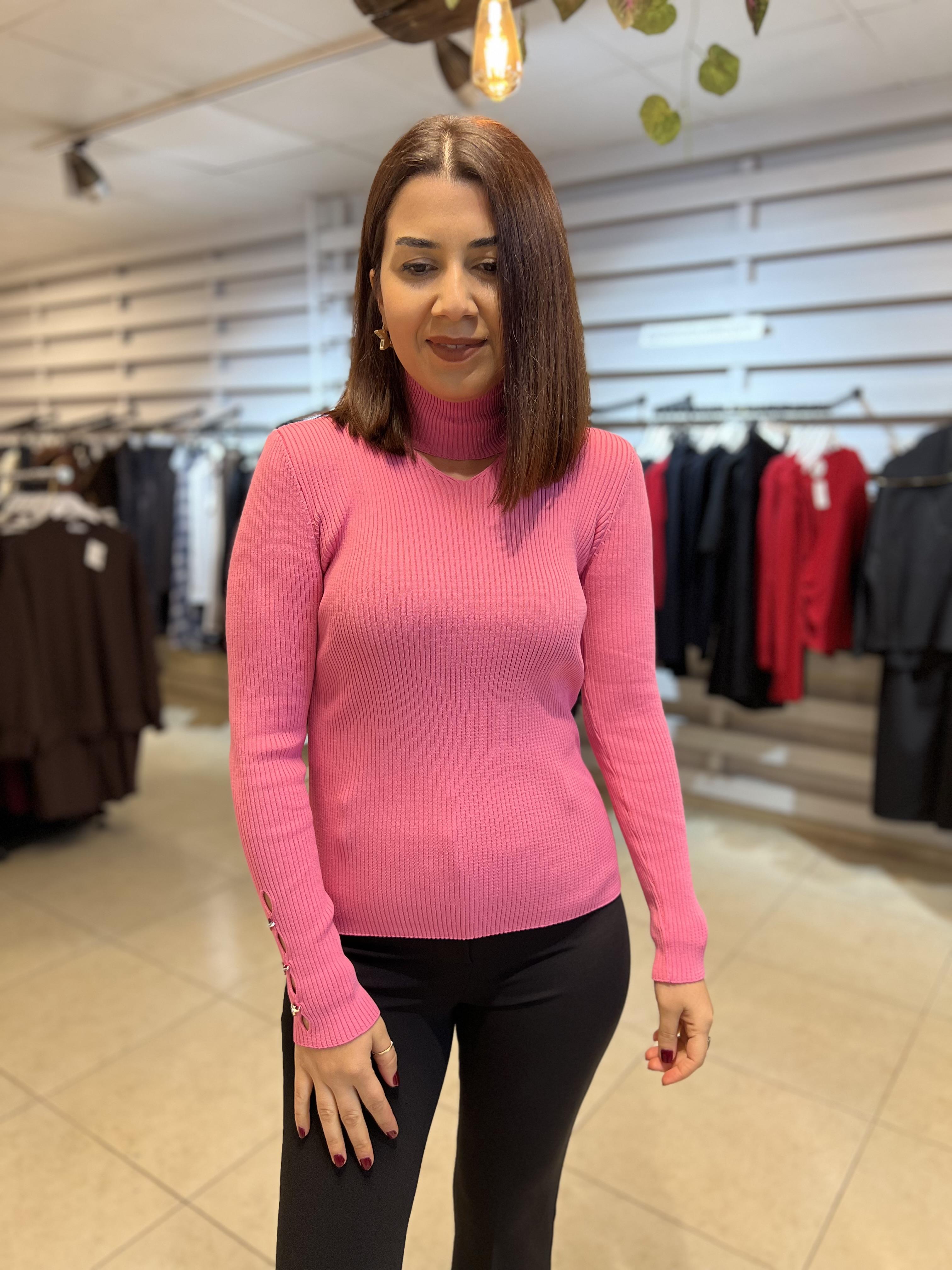 Balıkçı Yaka Fitilli Açma bluz Pembe