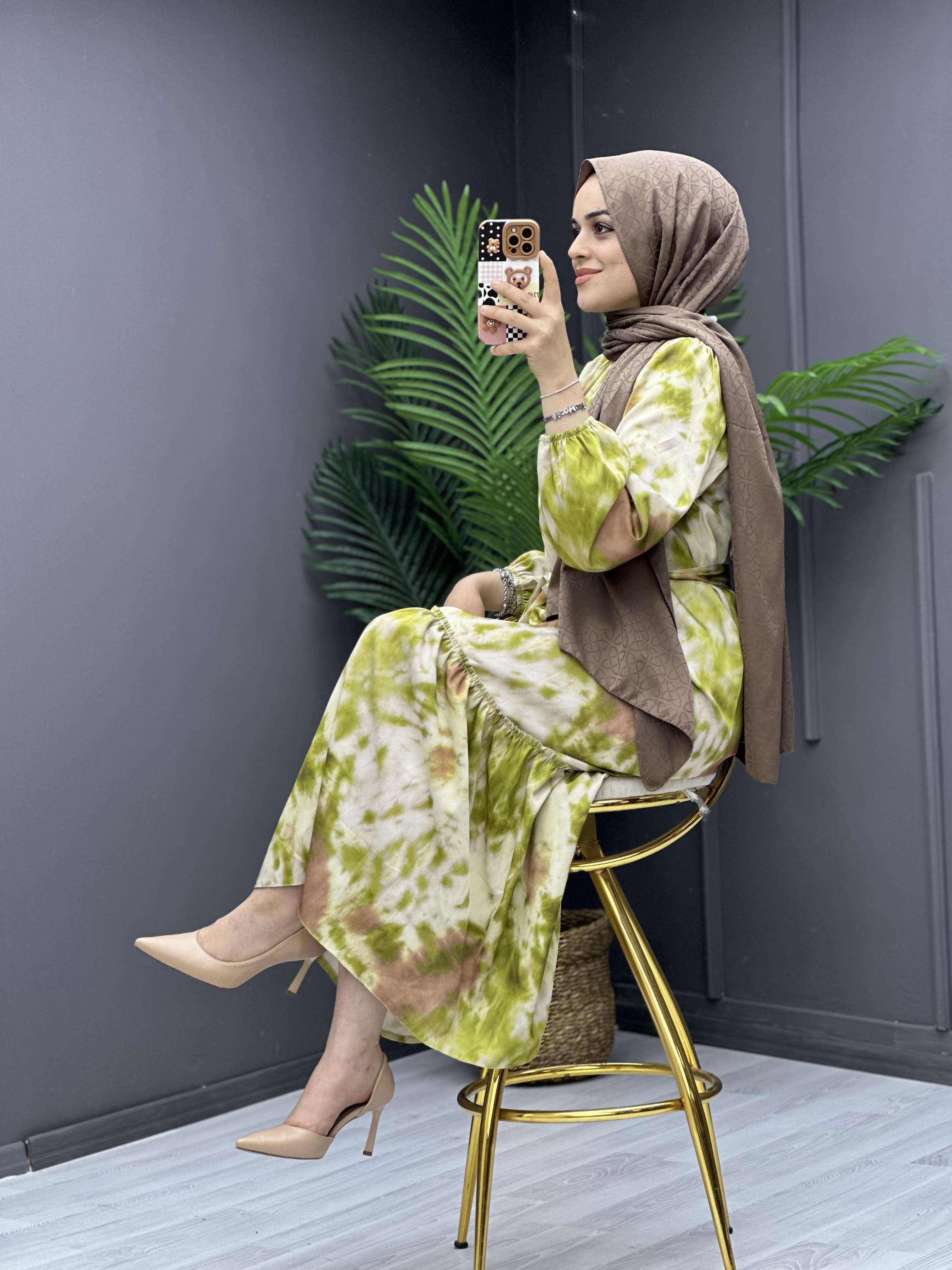 Balon Kol Elbise Yeşil