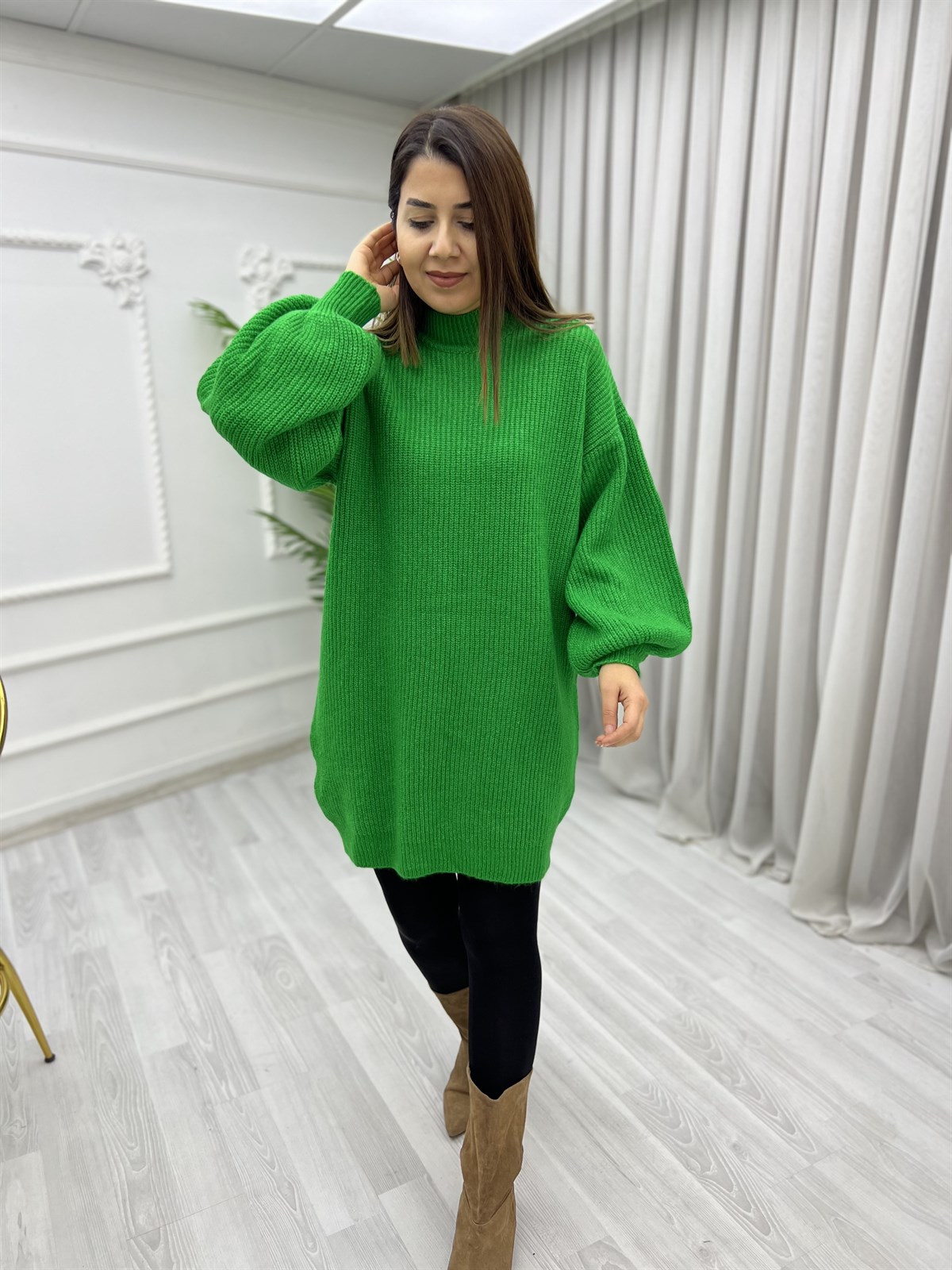 Balon Kol Yumoş Tunik Kazak Yeşil