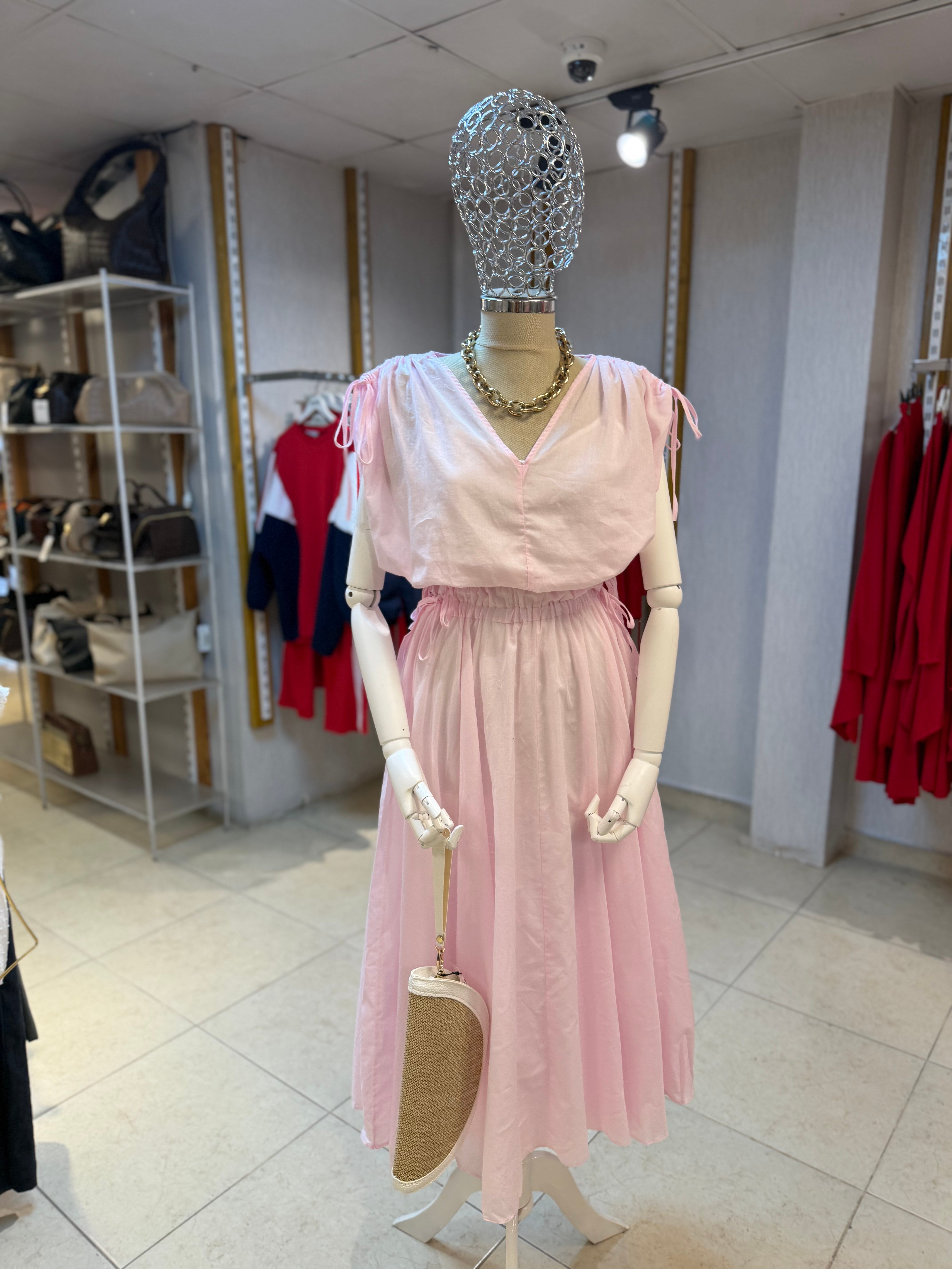 Beli Büzgülü  Elbise Pembe