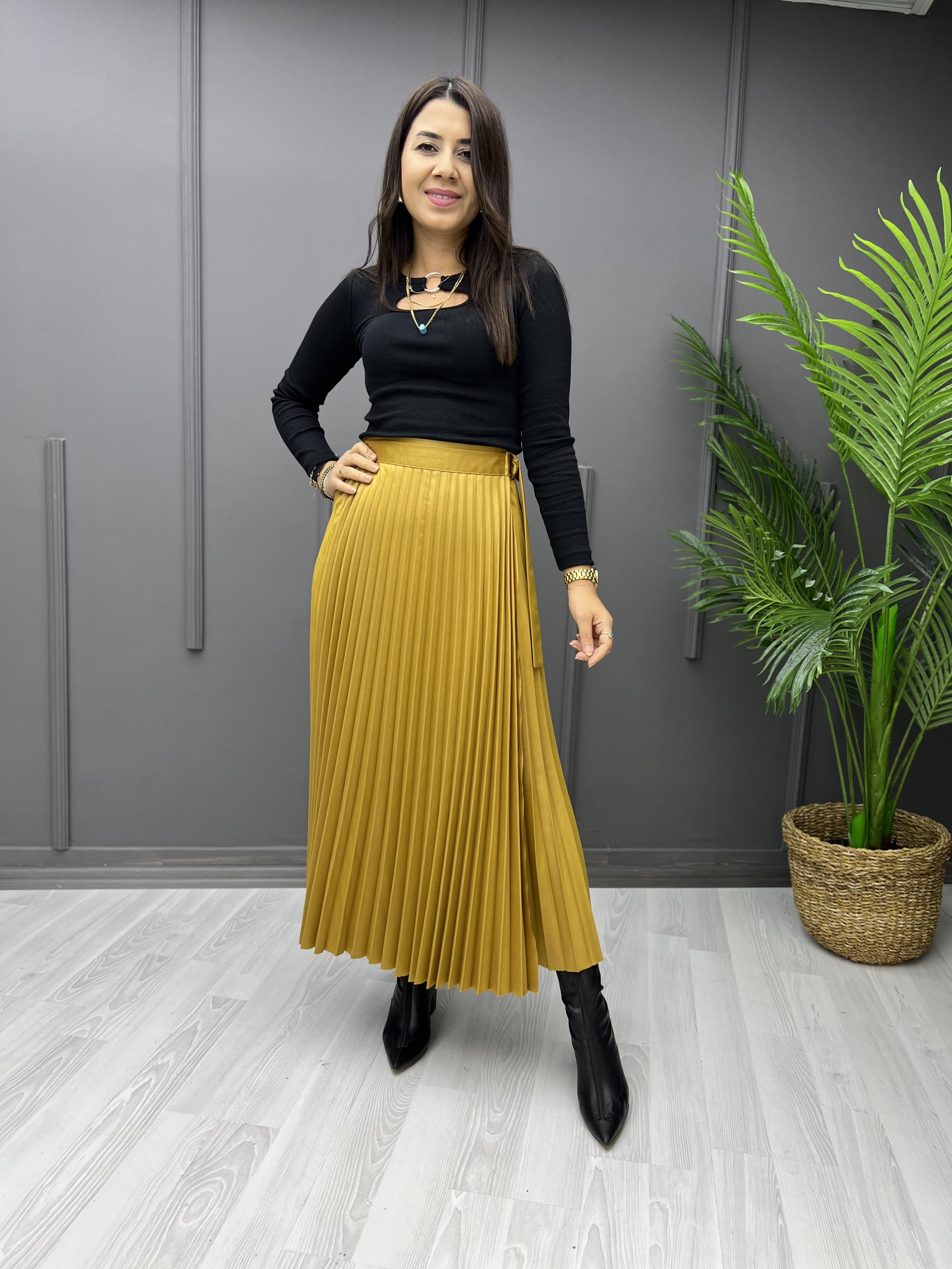 Beli Tokalı Piliseli Etek Hardal