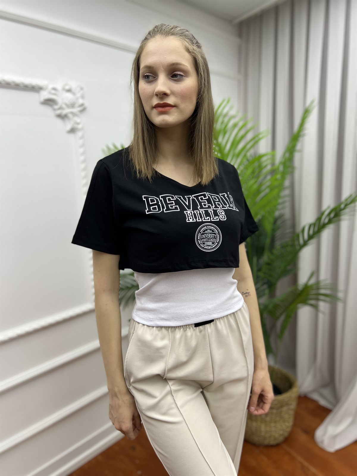 Beverly Hılss İkili Crop Takım Tişört Siyah