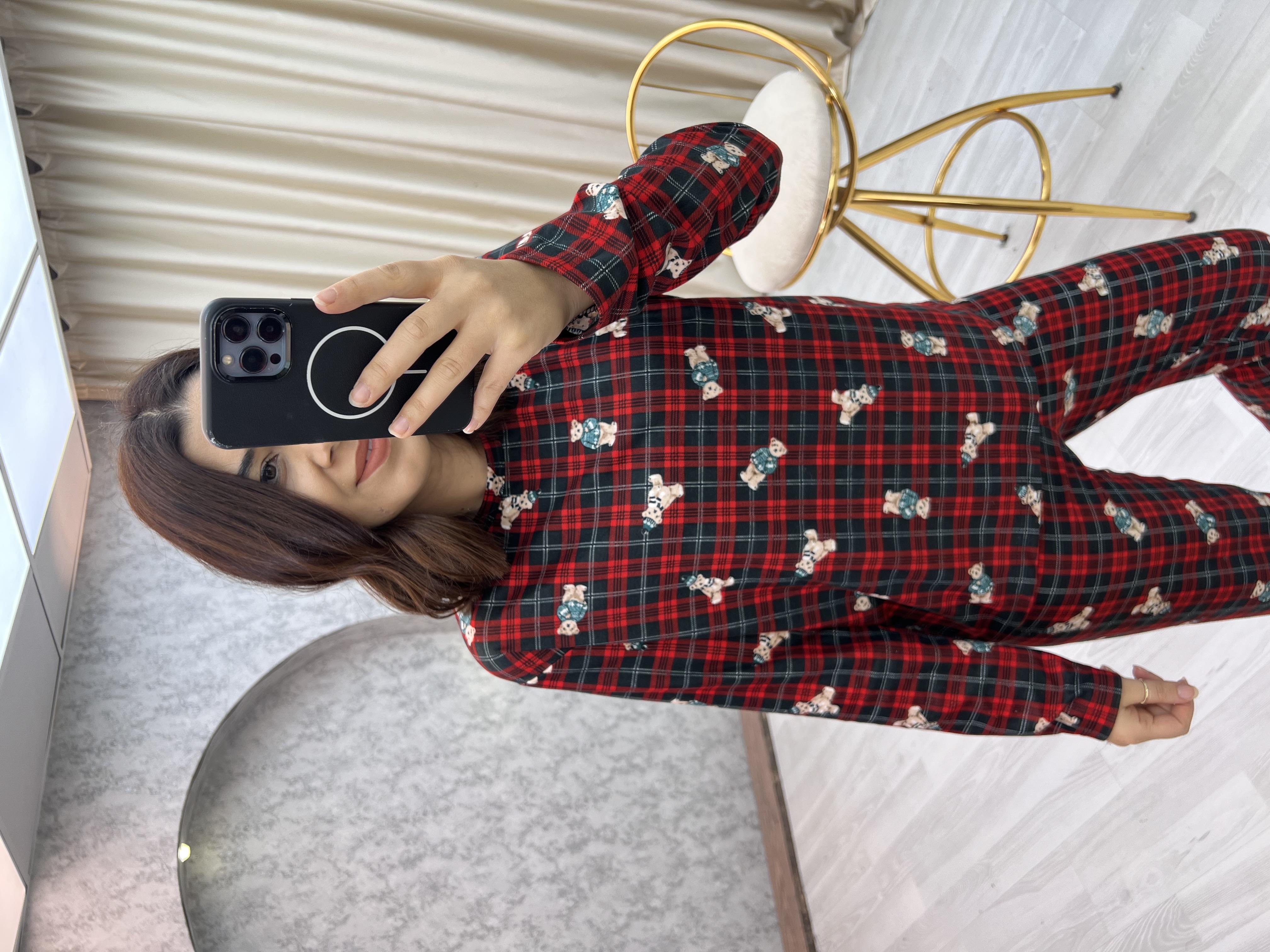 Bisiklet Yaka Ayıcıklı Ekoseli Pijama Takımı Kırmızı