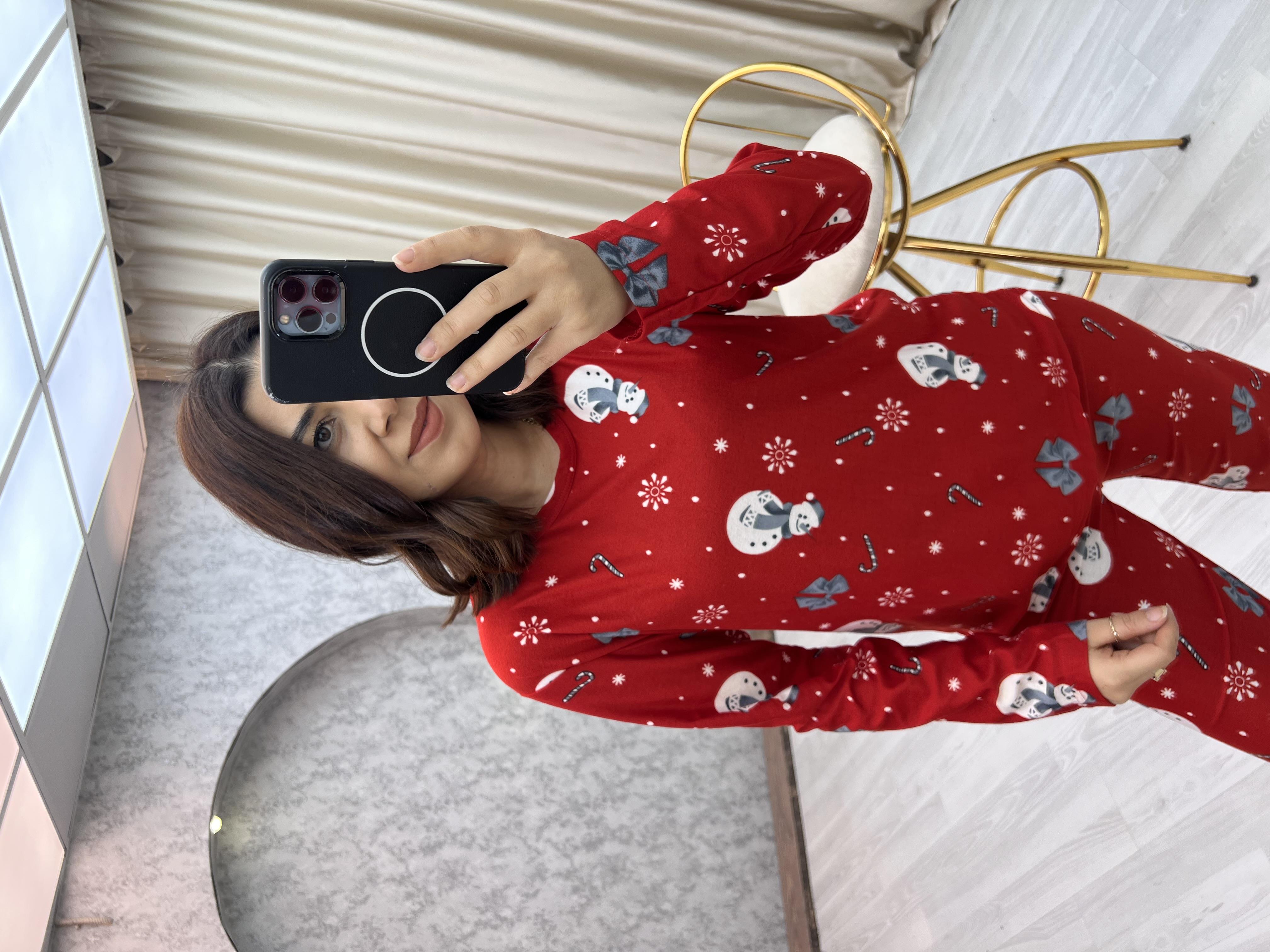 Bisiklet Yaka Kardan Adamlı Pijama Takımı Kırmızı