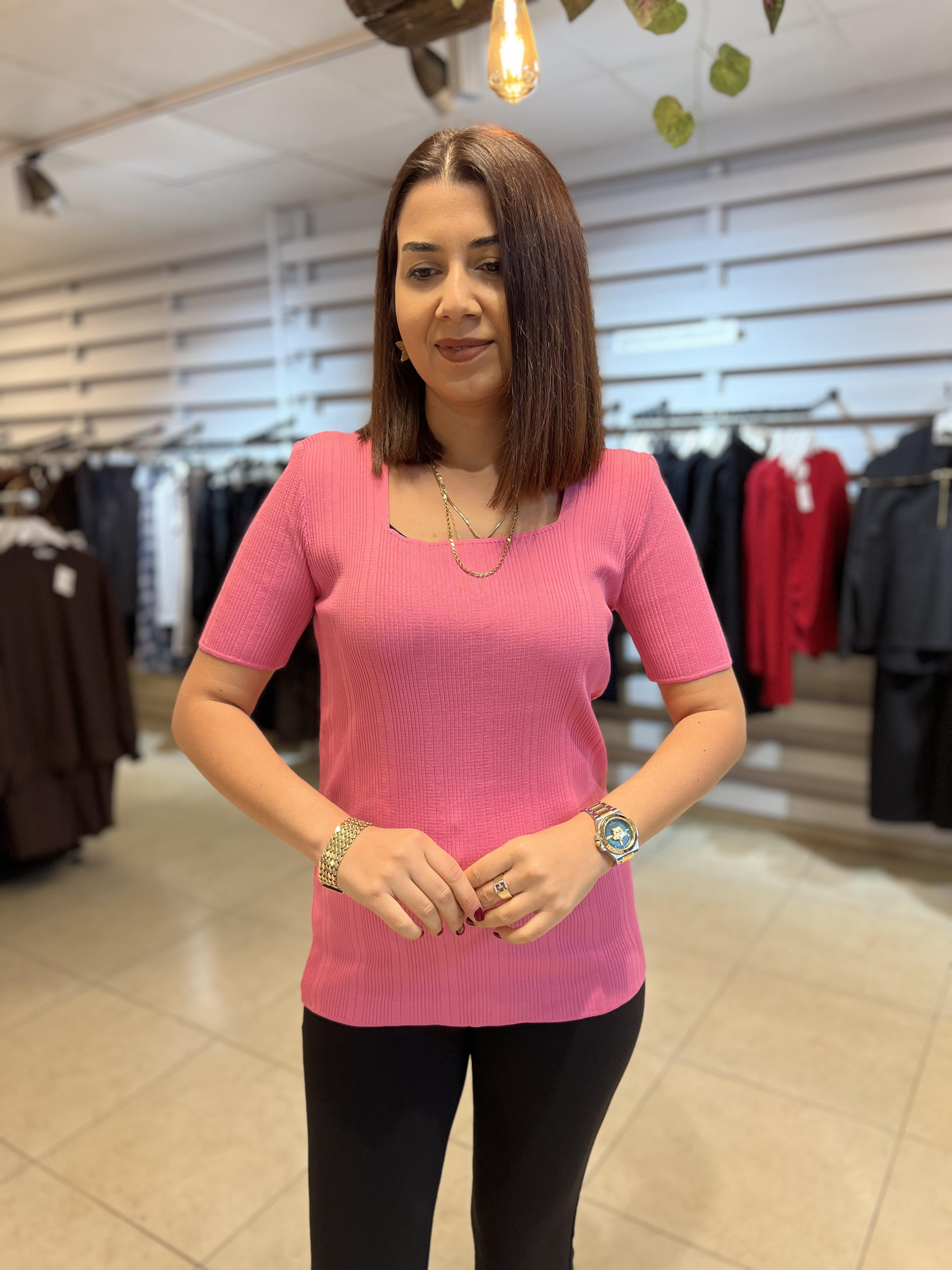 Büyük Beden Fitilli Kare Yaka Yarım Kol Bluz Pembe