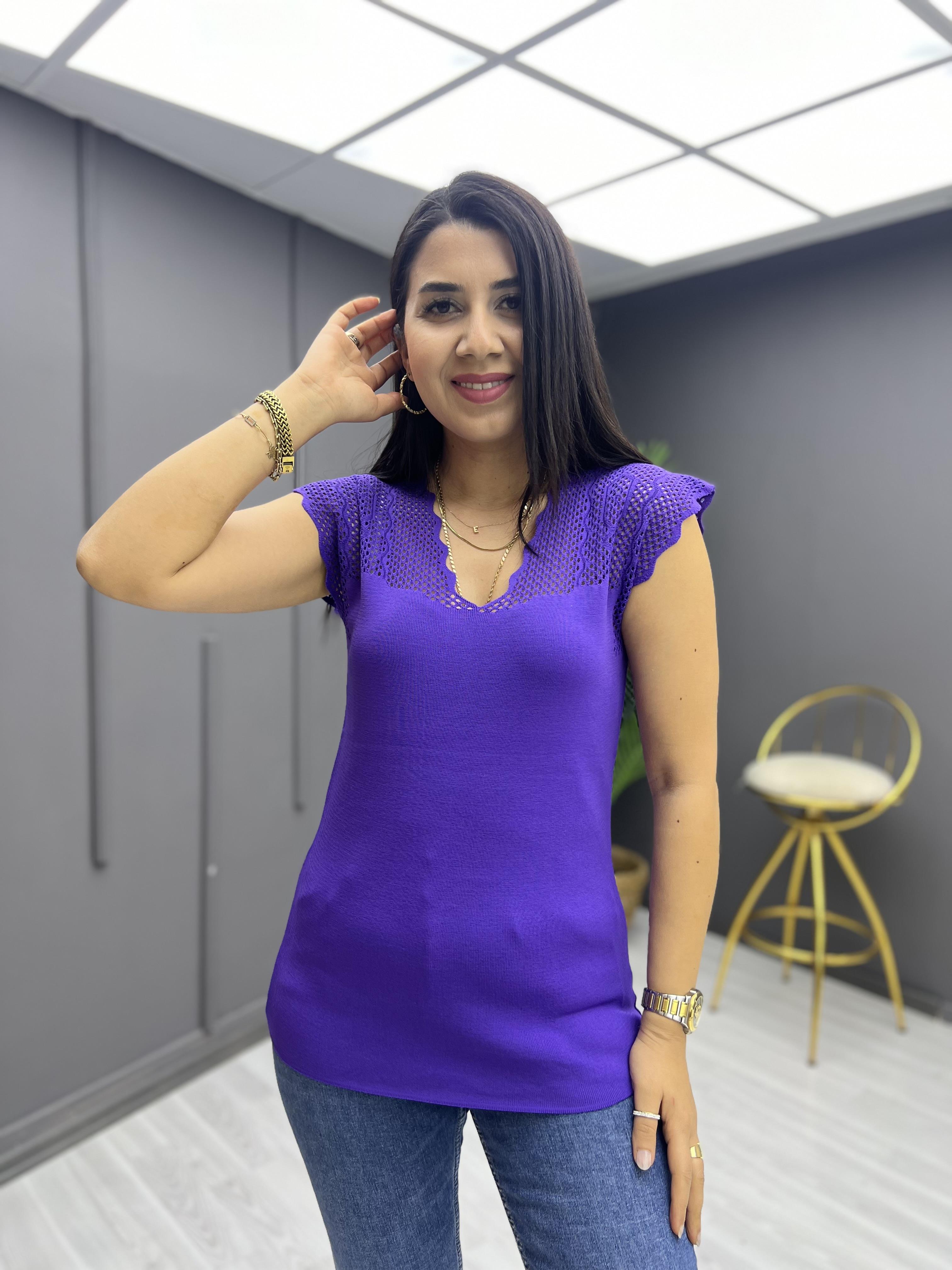 Büyük Beden Omzu Ajurlu Bluz Mor