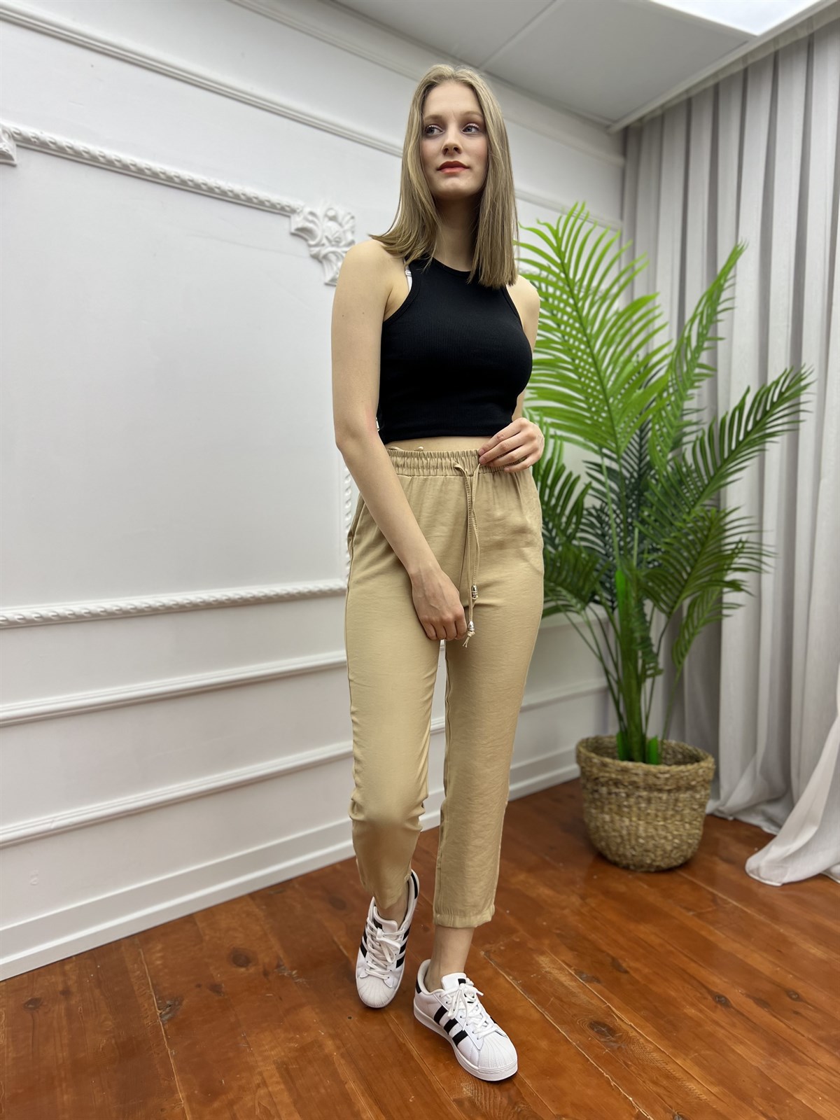 Büyük Beden Tensel Beli Lastikli Pantolon Camel