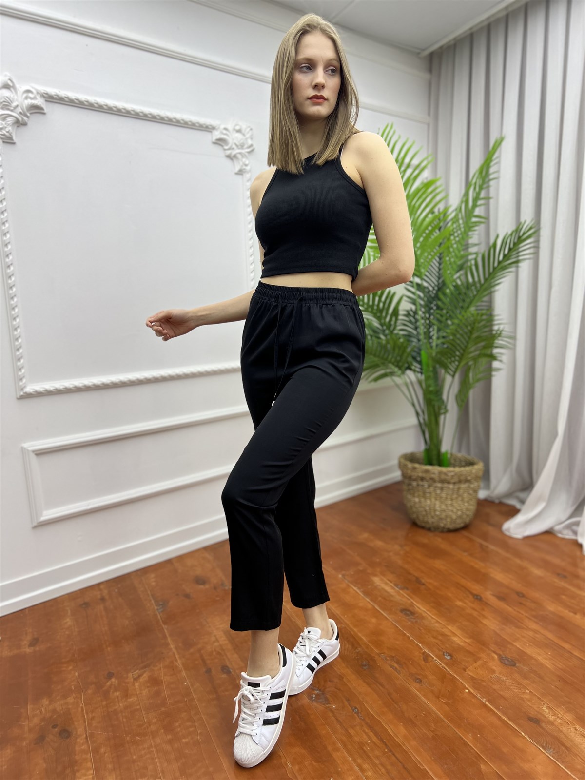 Büyük Beden Tensel Beli Lastikli Pantolon Siyah