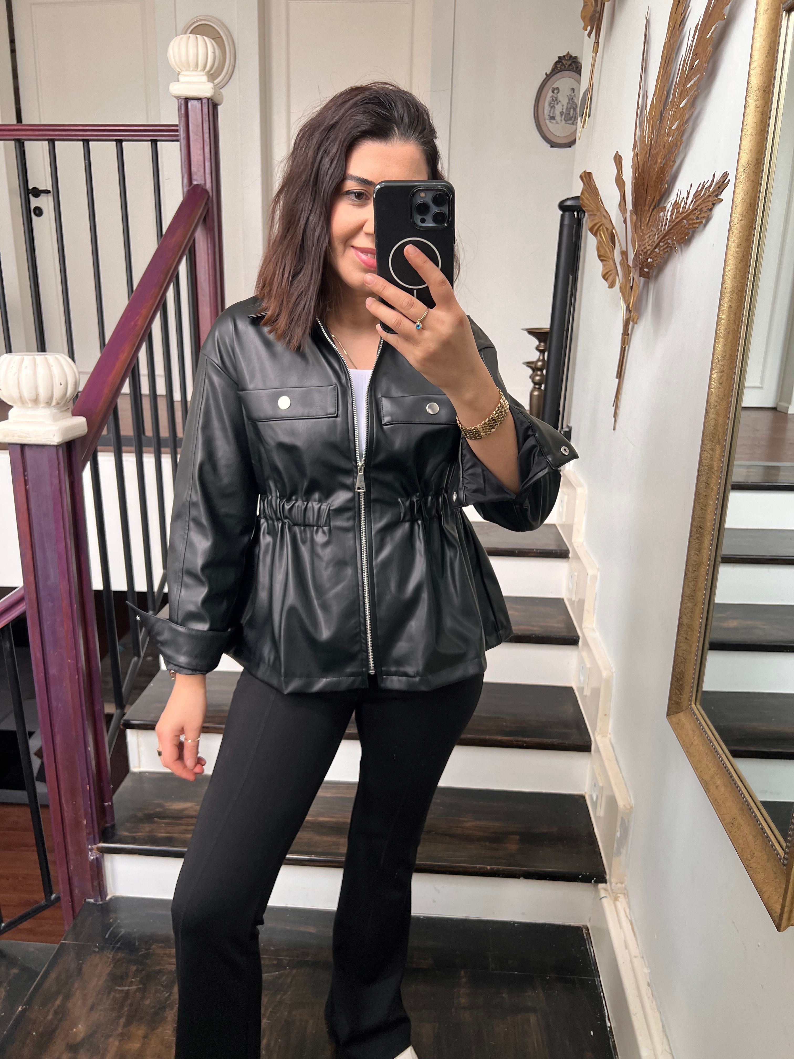 Büzgülü Deri Ceket Siyah