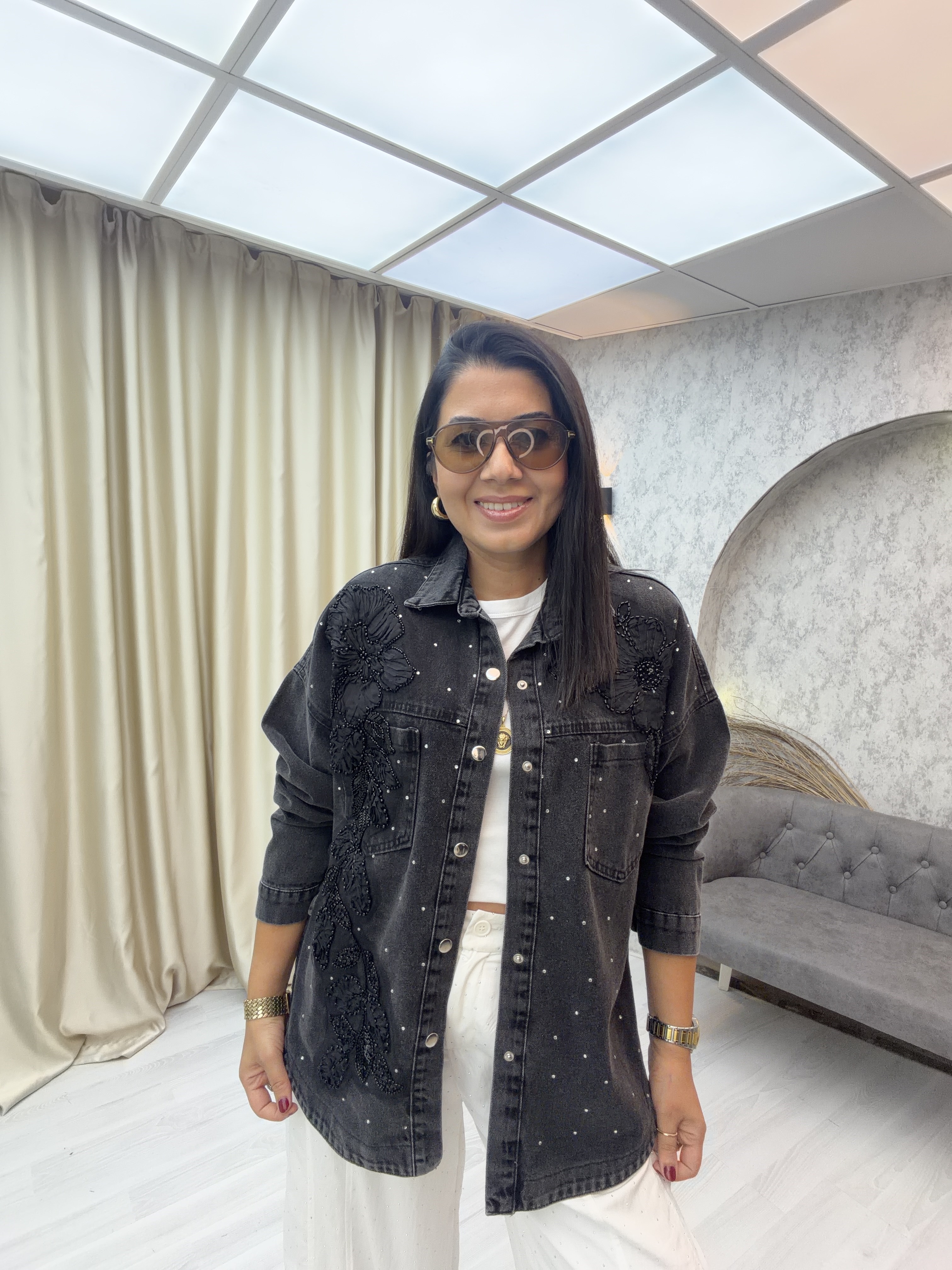 Çiçek İşlemeli Denim Ceket Antrasit