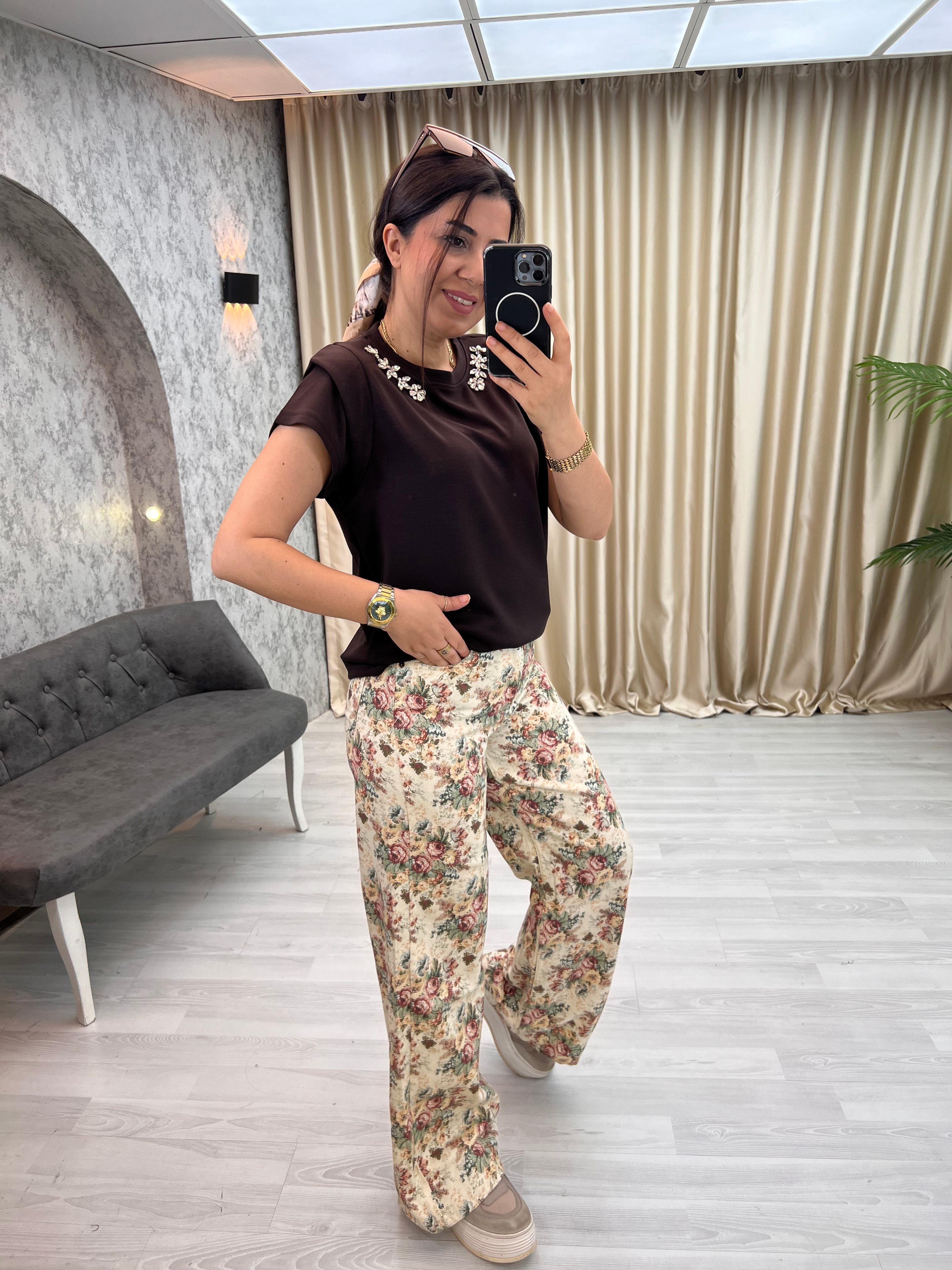 Çiçekli Jean Pnatolon Krem