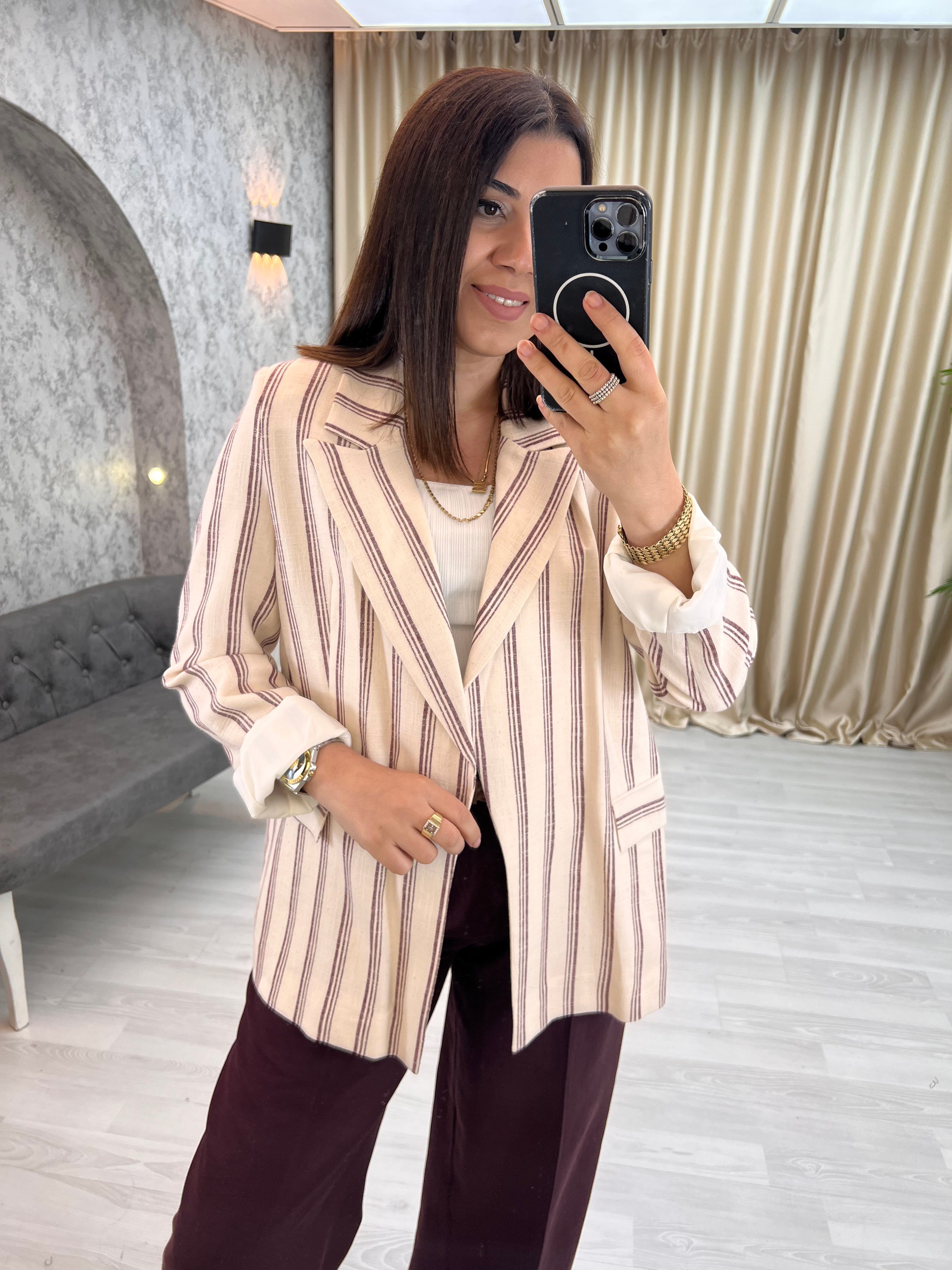 Çizgili Keten Ceket Bordo
