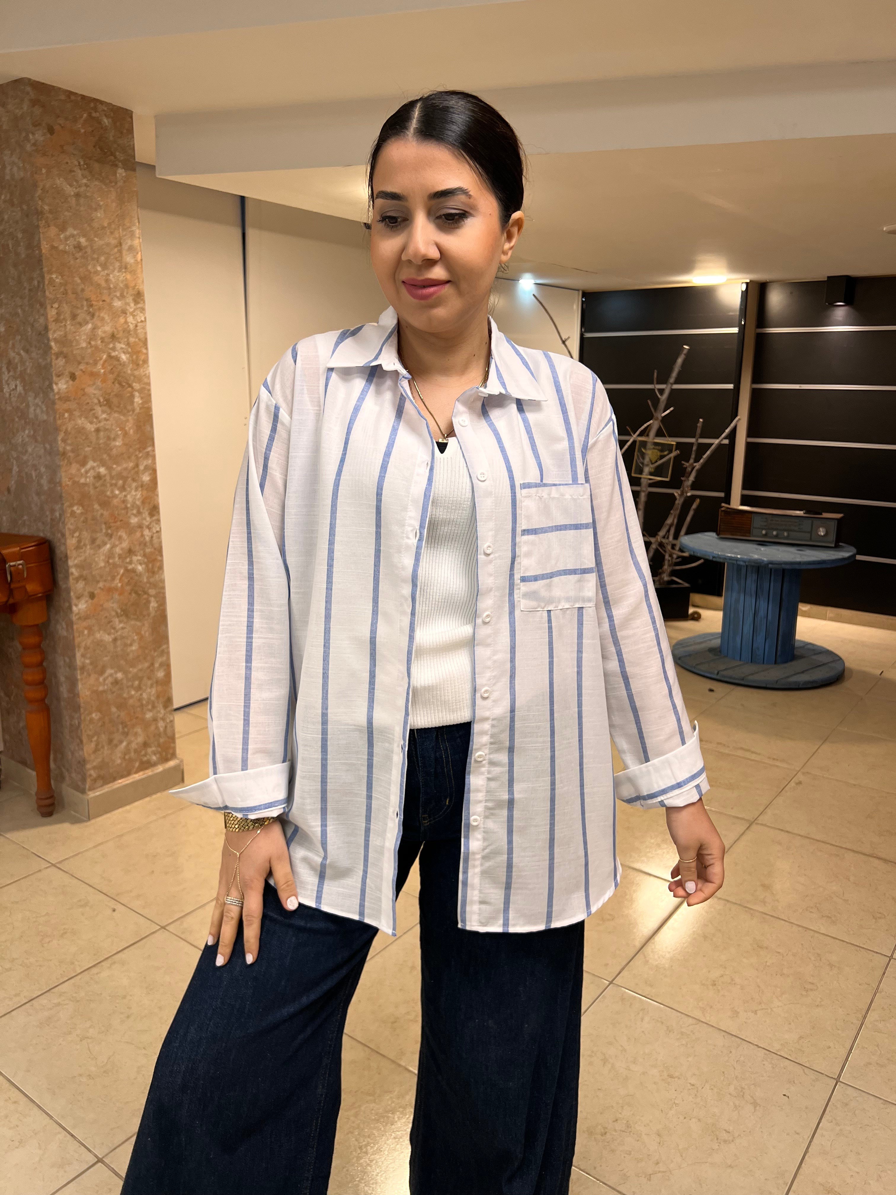 Çizgili Keten Gömlek Beyaz