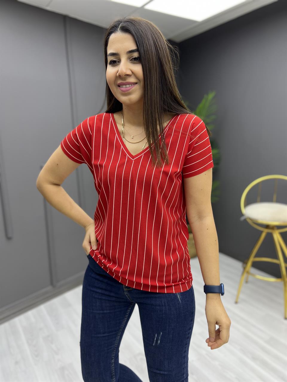 Çizgili Ön Arka V Yaka Basic Tişört Kırmızı
